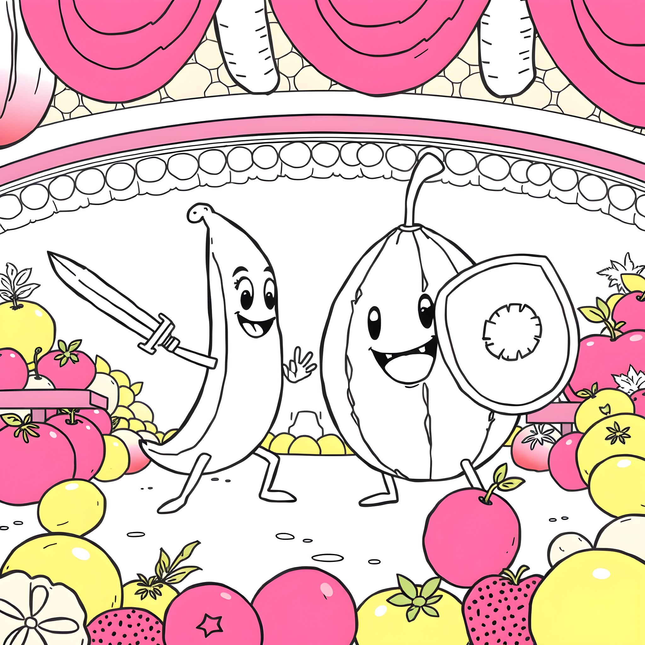 Banana friends explore a colorful fruit garden Coloring Page (free black-and-white line drawing printable PDF for all, from beginners to advanced learners, including children, teens, adults, and seniors)