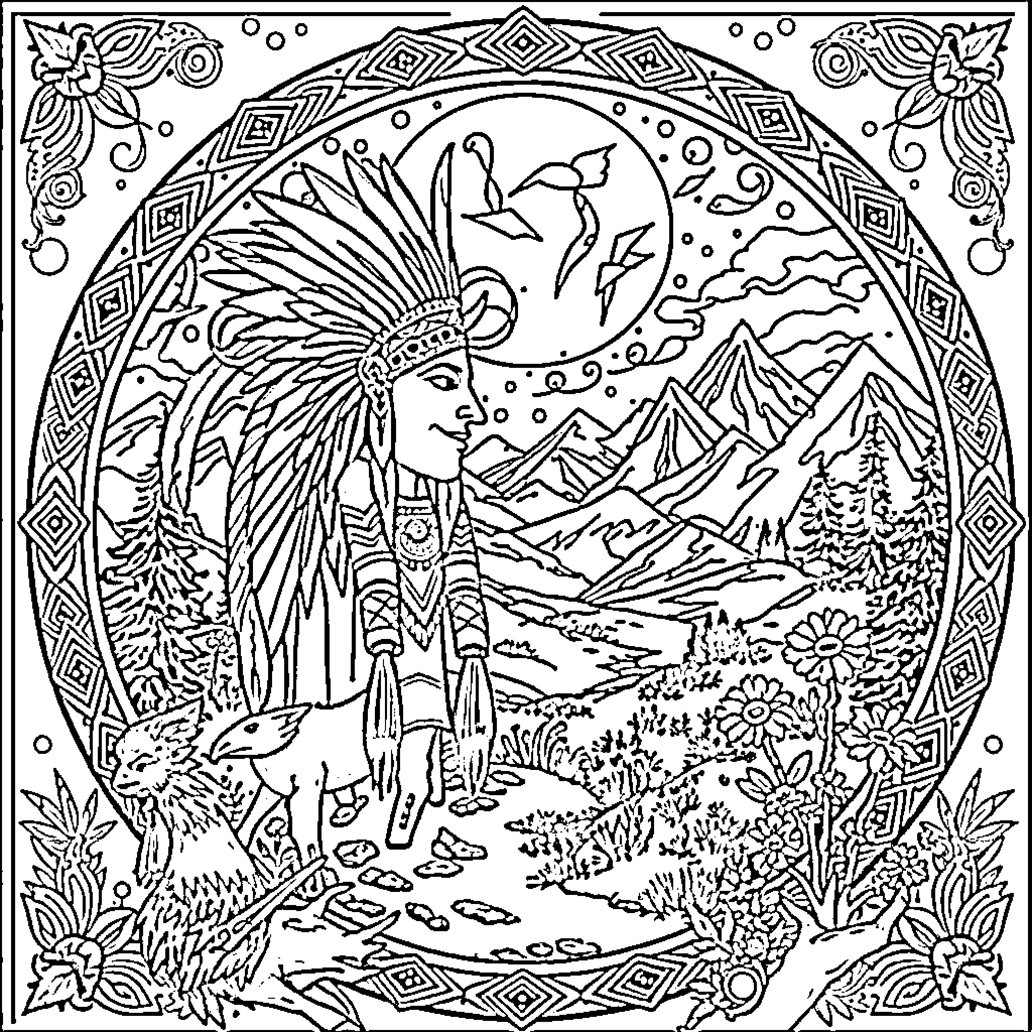 Native American in Spiritual Landscape with Mountains Coloring Page (free black-and-white line drawing printable PDF for all, from beginners to advanced learners, including children, teens, adults, and seniors)