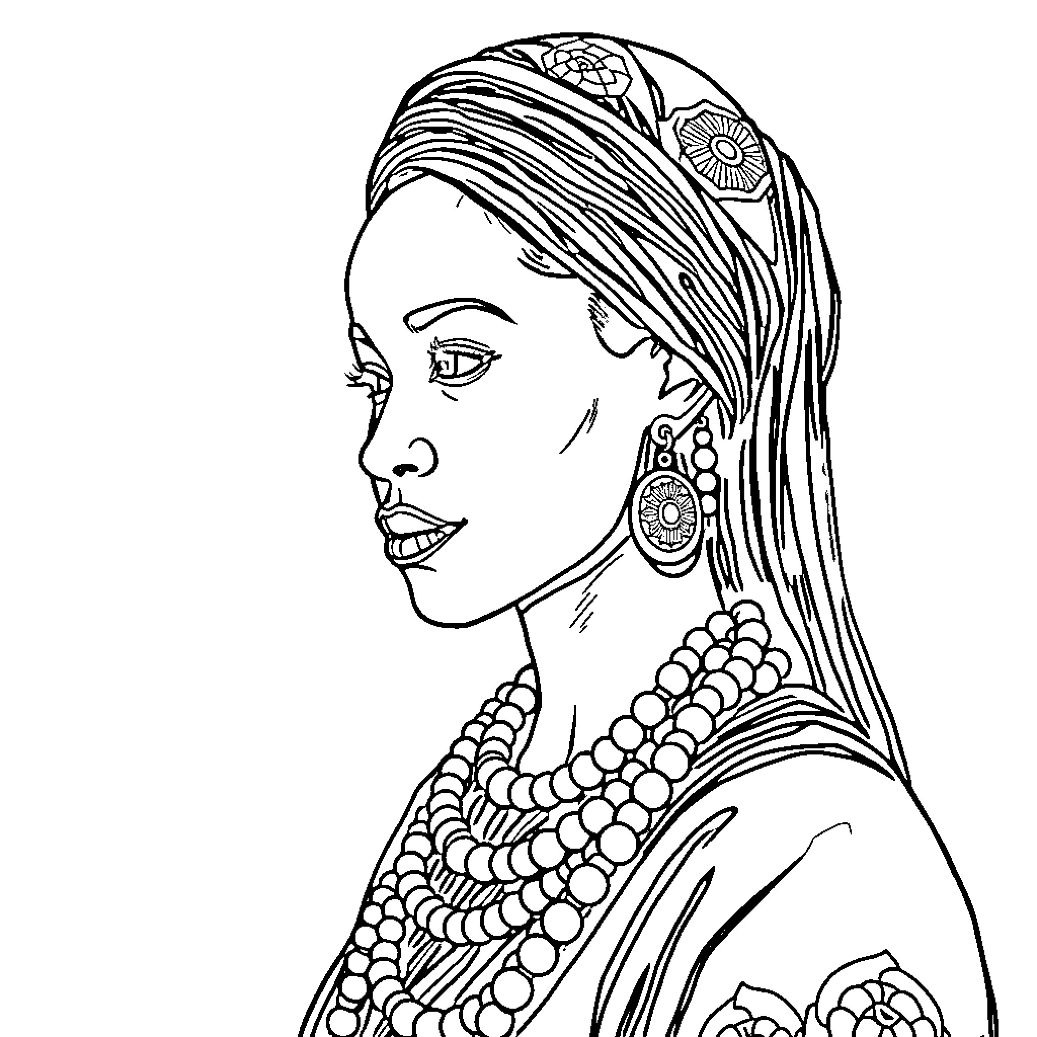Xhosa Bride in Traditional Attire Coloring Page (free black-and-white line drawing printable PDF for all, from beginners to advanced learners, including children, teens, adults, and seniors)