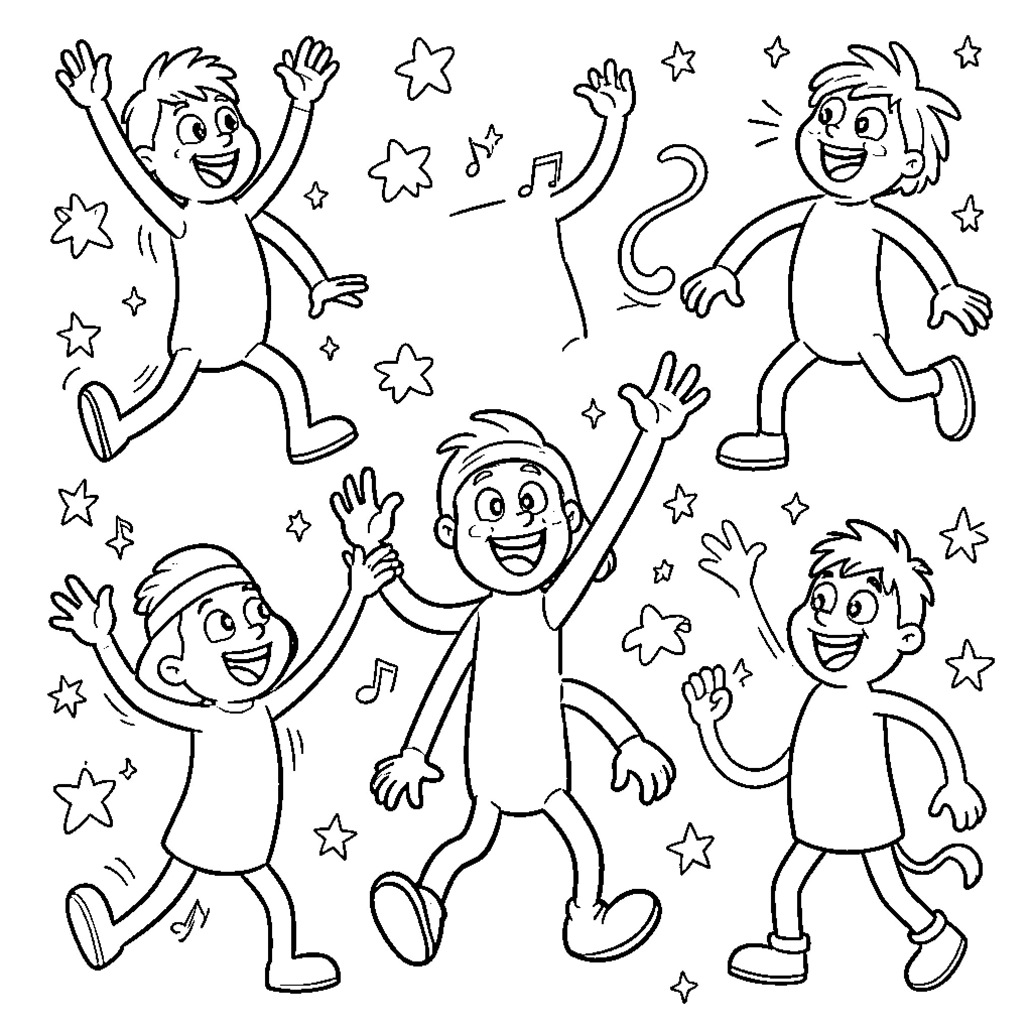 Rubber Hose Characters Celebrating and Dancing Joyfully Coloring Page (free black-and-white line drawing printable PDF for all, from beginners to advanced learners, including children, teens, adults, and seniors)