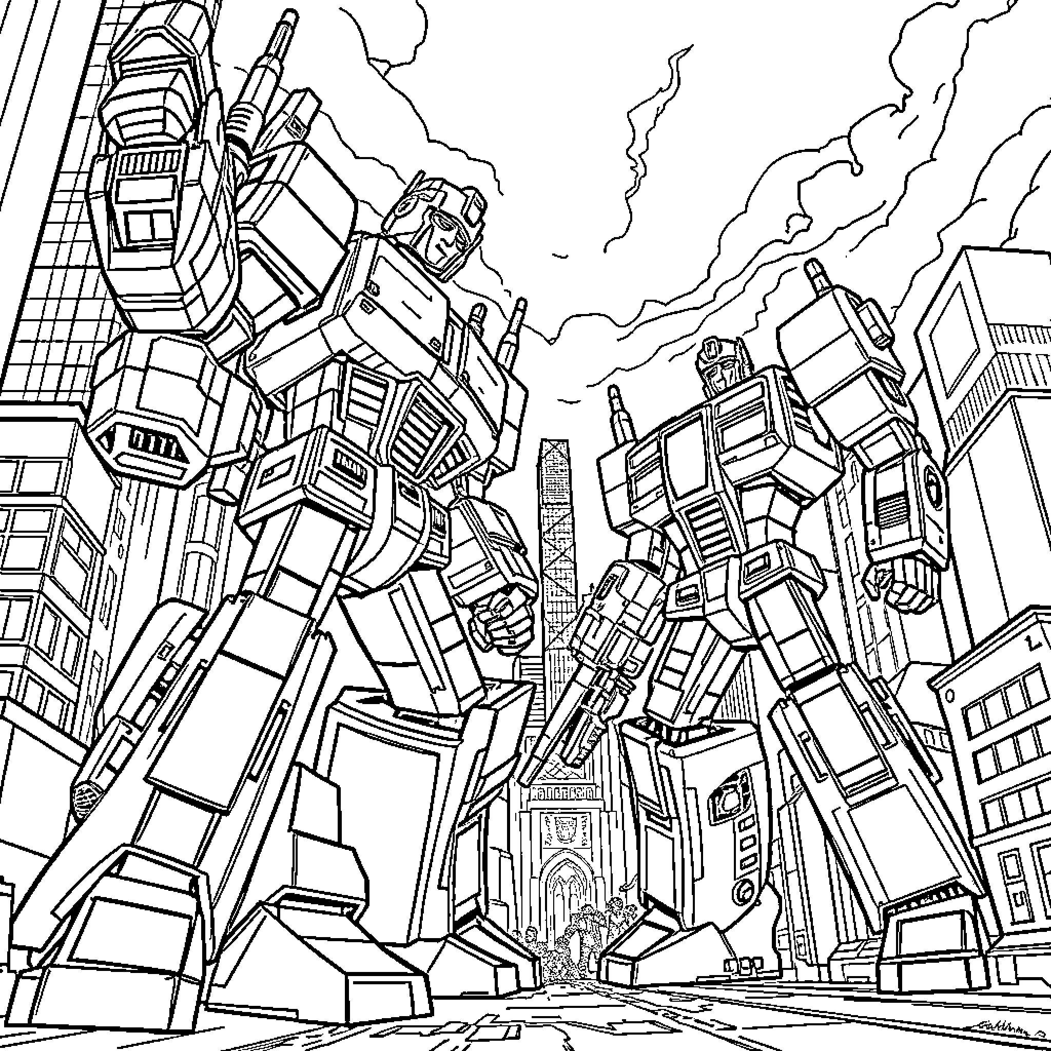 Transformer robots fighting in a futuristic city Coloring Page (free black-and-white line drawing printable PDF for all, from beginners to advanced learners, including children, teens, adults, and seniors)