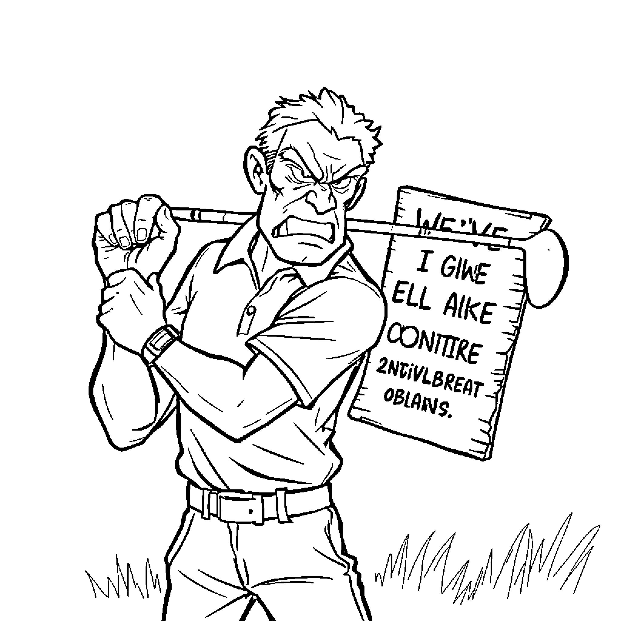 Golfer expressing frustration with sign Coloring Page (free black-and-white line drawing printable PDF for all, from beginners to advanced learners, including children, teens, adults, and seniors)
