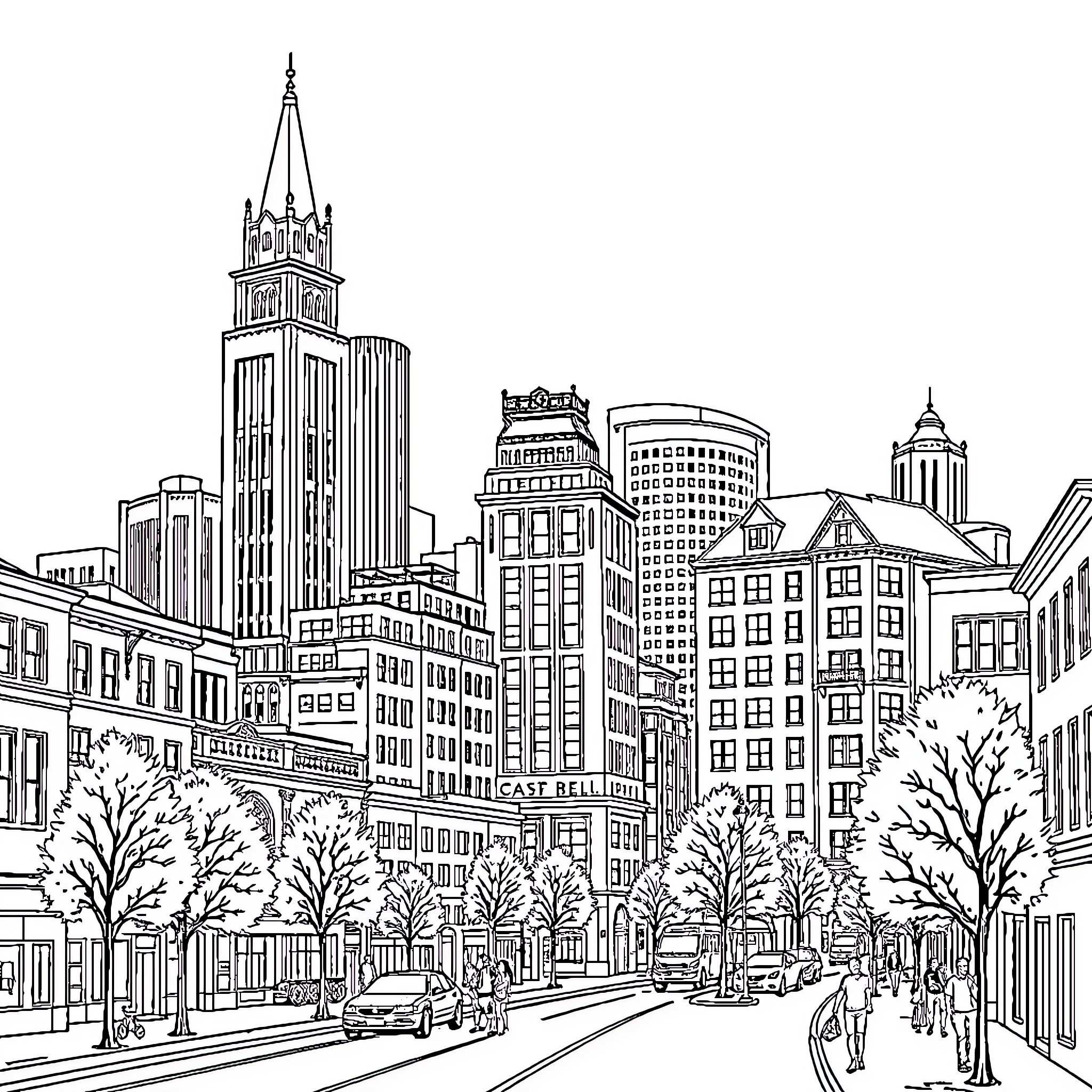 New Haven's Bustling City Skyline Coloring Page (free black-and-white line drawing printable PDF for all, from beginners to advanced learners, including children, teens, adults, and seniors)
