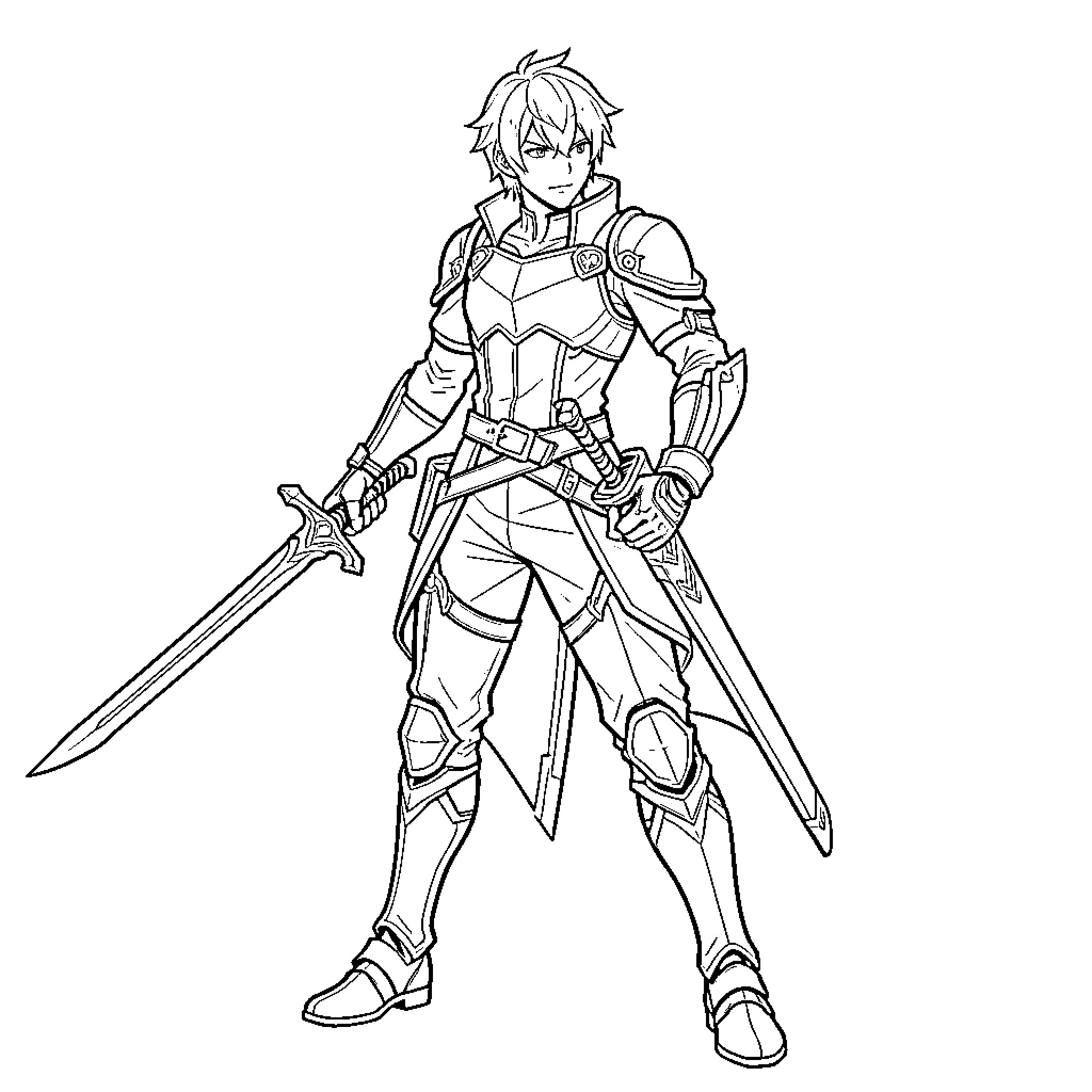 Blade Wielding Armored Warrior in Combat Stance Coloring Page (free black-and-white line drawing printable PDF for all, from beginners to advanced learners, including children, teens, adults, and seniors)