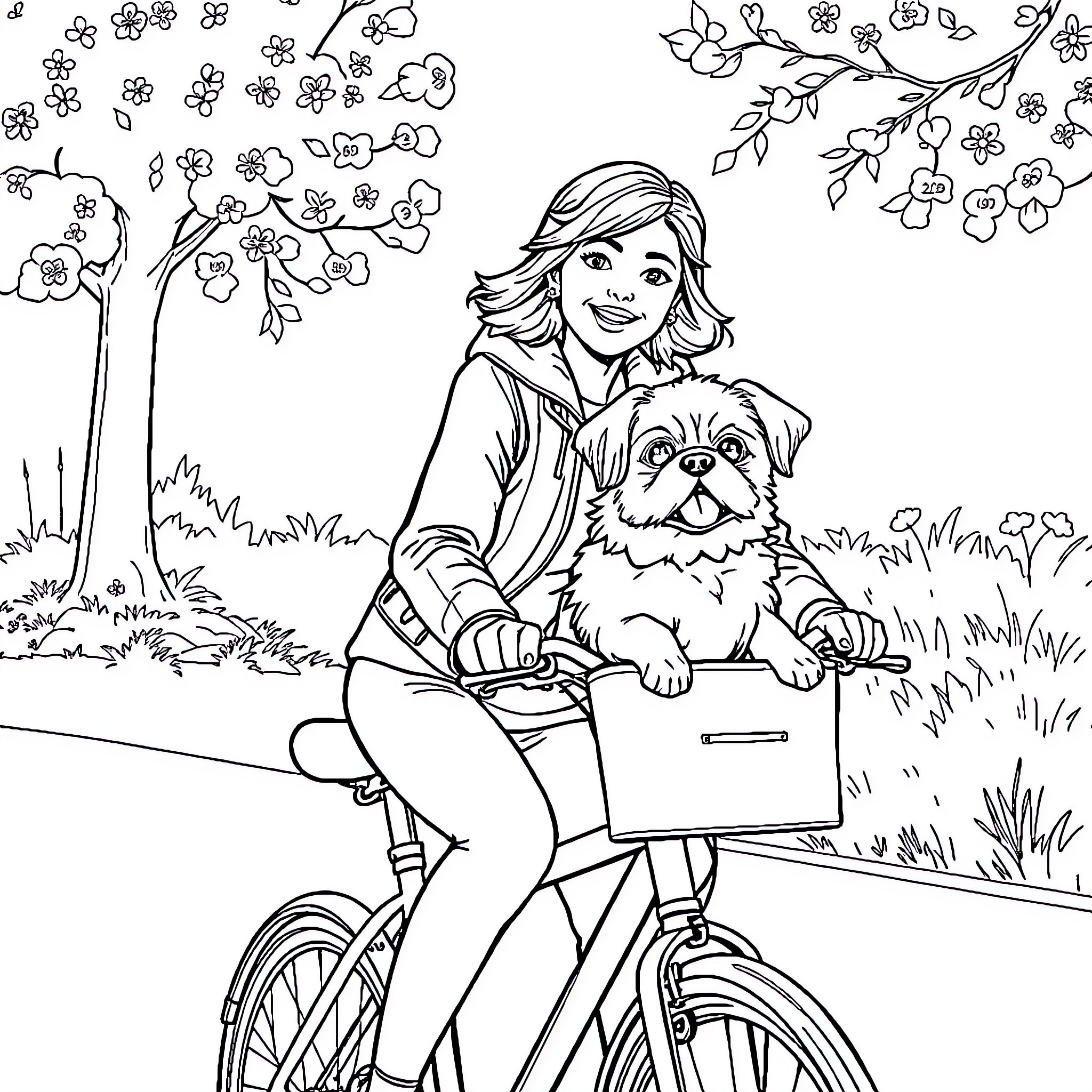 Woman Riding Bicycle with Pet Dog in Park Coloring Page (free black-and-white line drawing printable PDF for all, from beginners to advanced learners, including children, teens, adults, and seniors)
