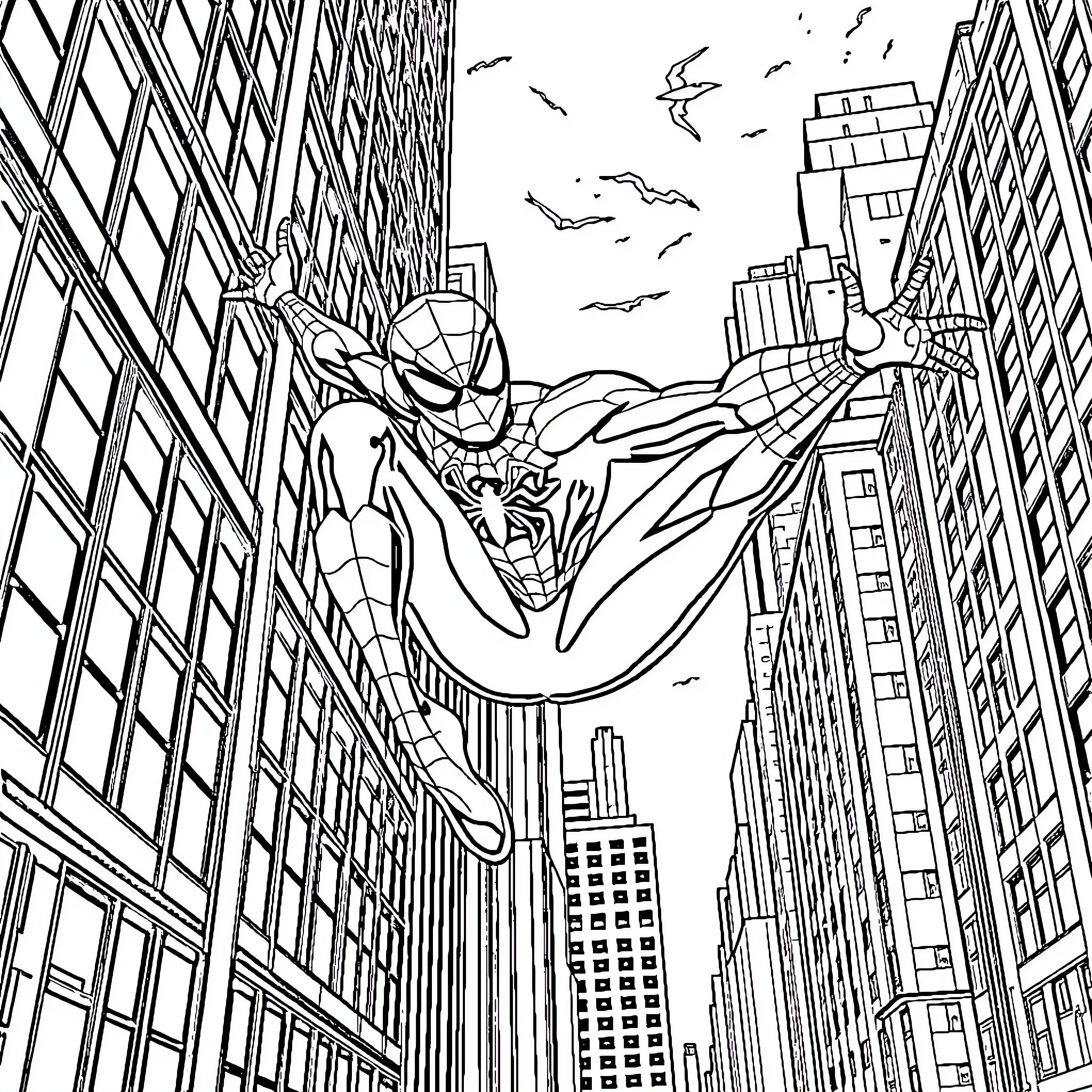 Spider-Man swinging through the city skyline Coloring Page (free black-and-white line drawing printable PDF for all, from beginners to advanced learners, including children, teens, adults, and seniors)