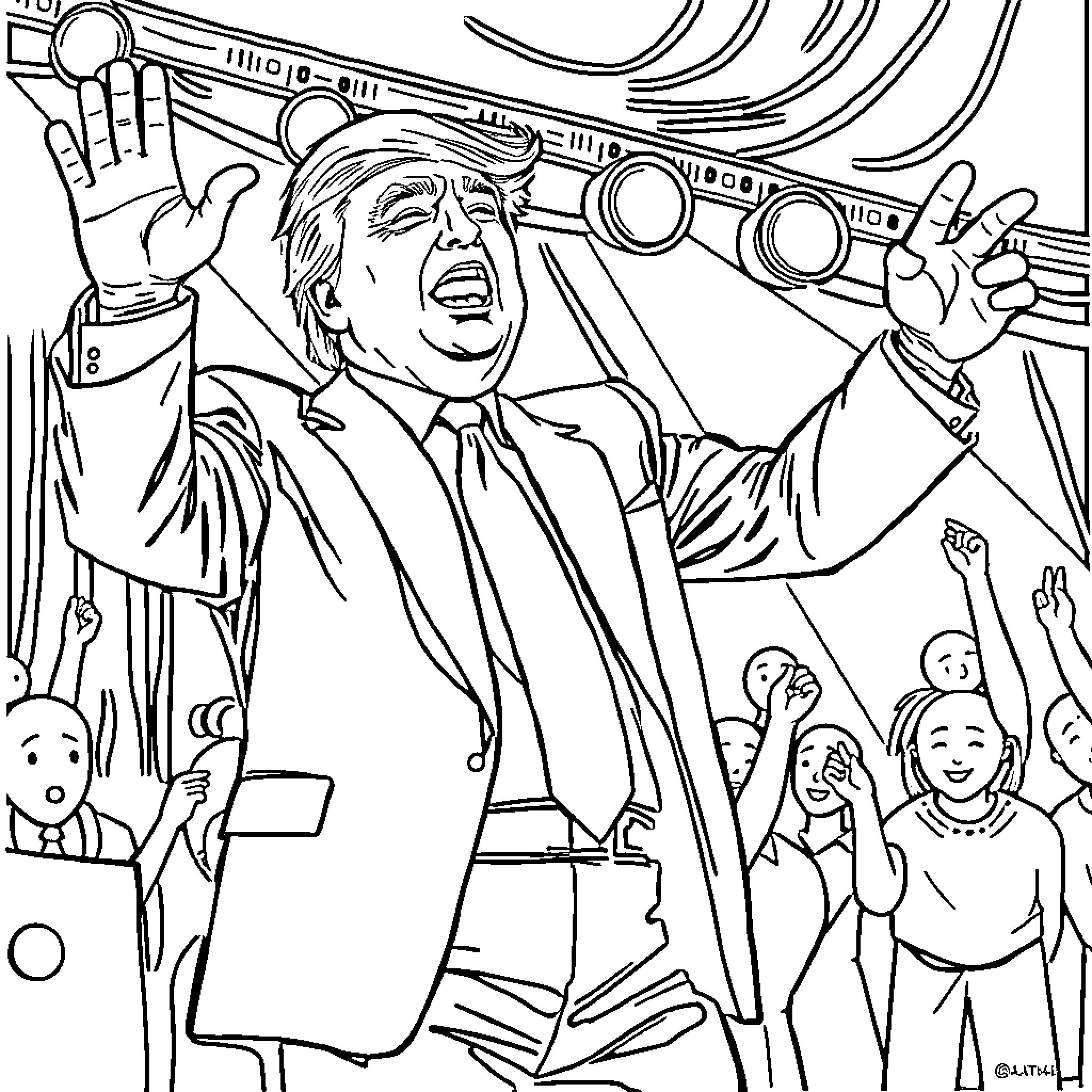 Donald Trump Passionately Addressing a Crowd Coloring Page (free black-and-white line drawing printable PDF for all, from beginners to advanced learners, including children, teens, adults, and seniors)
