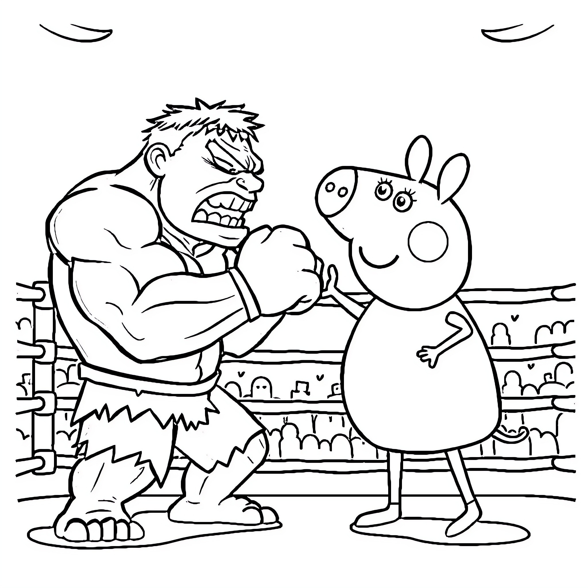 Hulk confronting Peppa Pig in a comical scenario Coloring Page (free black-and-white line drawing printable PDF for all, from beginners to advanced learners, including children, teens, adults, and seniors)