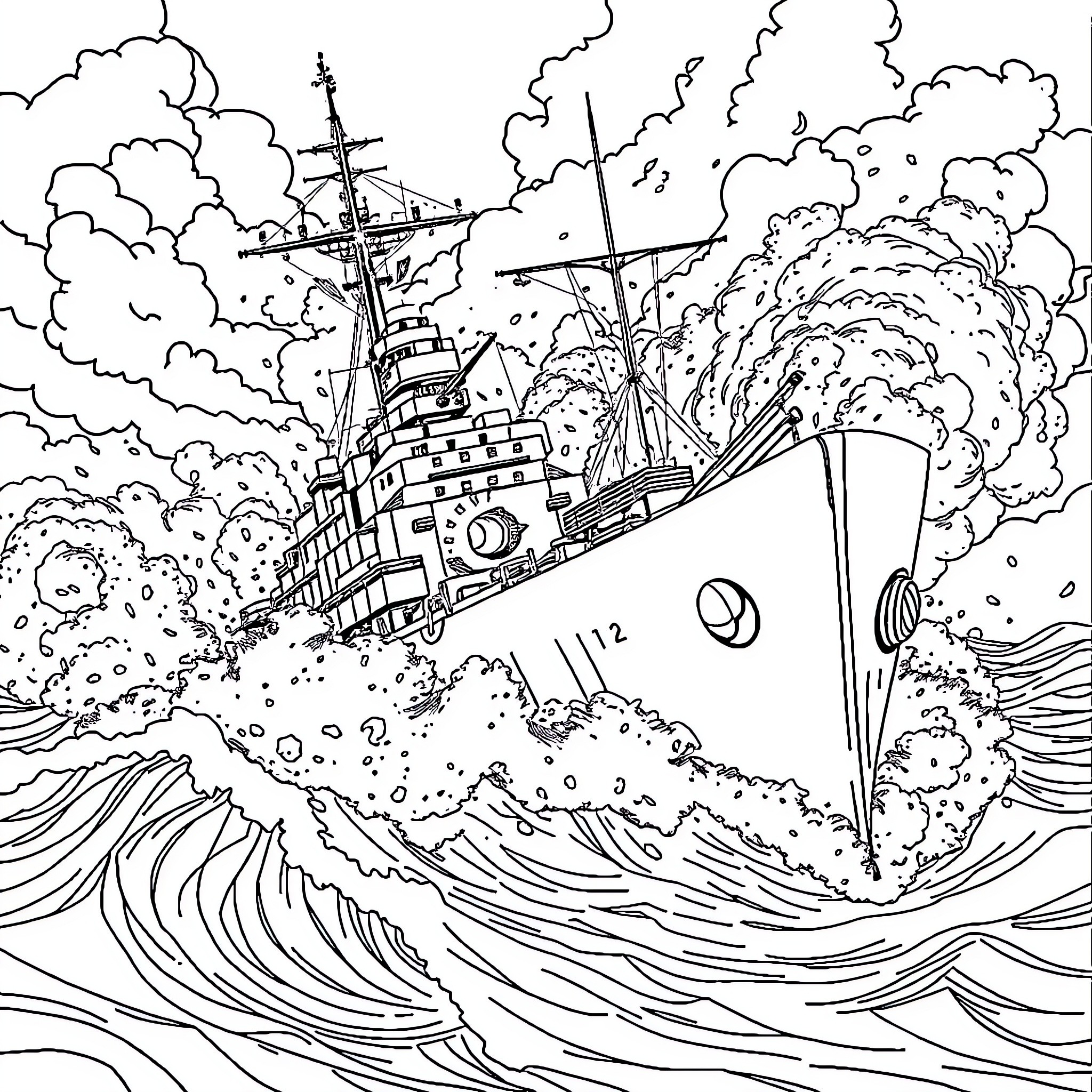 Superdreadnought in Stormy Seas Coloring Page (free black-and-white line drawing printable PDF for all, from beginners to advanced learners, including children, teens, adults, and seniors)