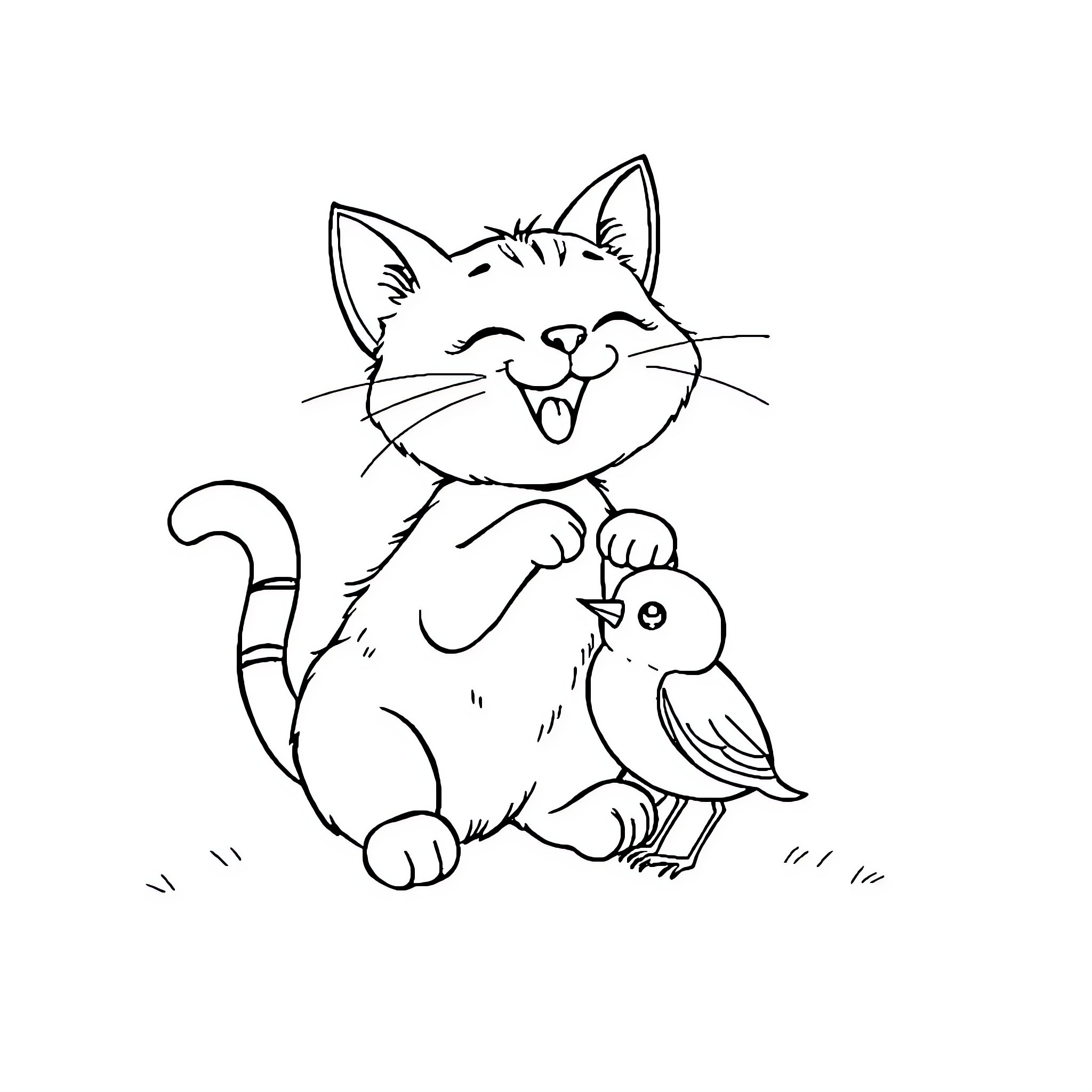 Cat playing with a bird friend Coloring Page (free black-and-white line drawing printable PDF for all, from beginners to advanced learners, including children, teens, adults, and seniors)