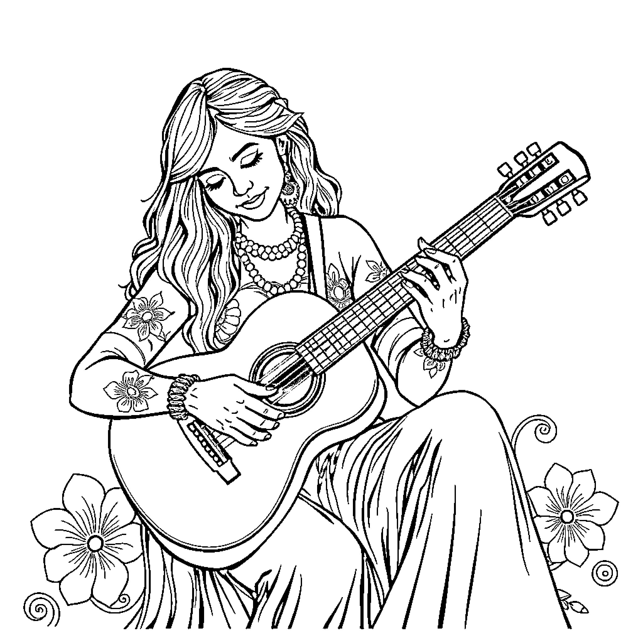 Guitar Girl Strumming Joyfully with Flowers Coloring Page (free black-and-white line drawing printable PDF for all, from beginners to advanced learners, including children, teens, adults, and seniors)