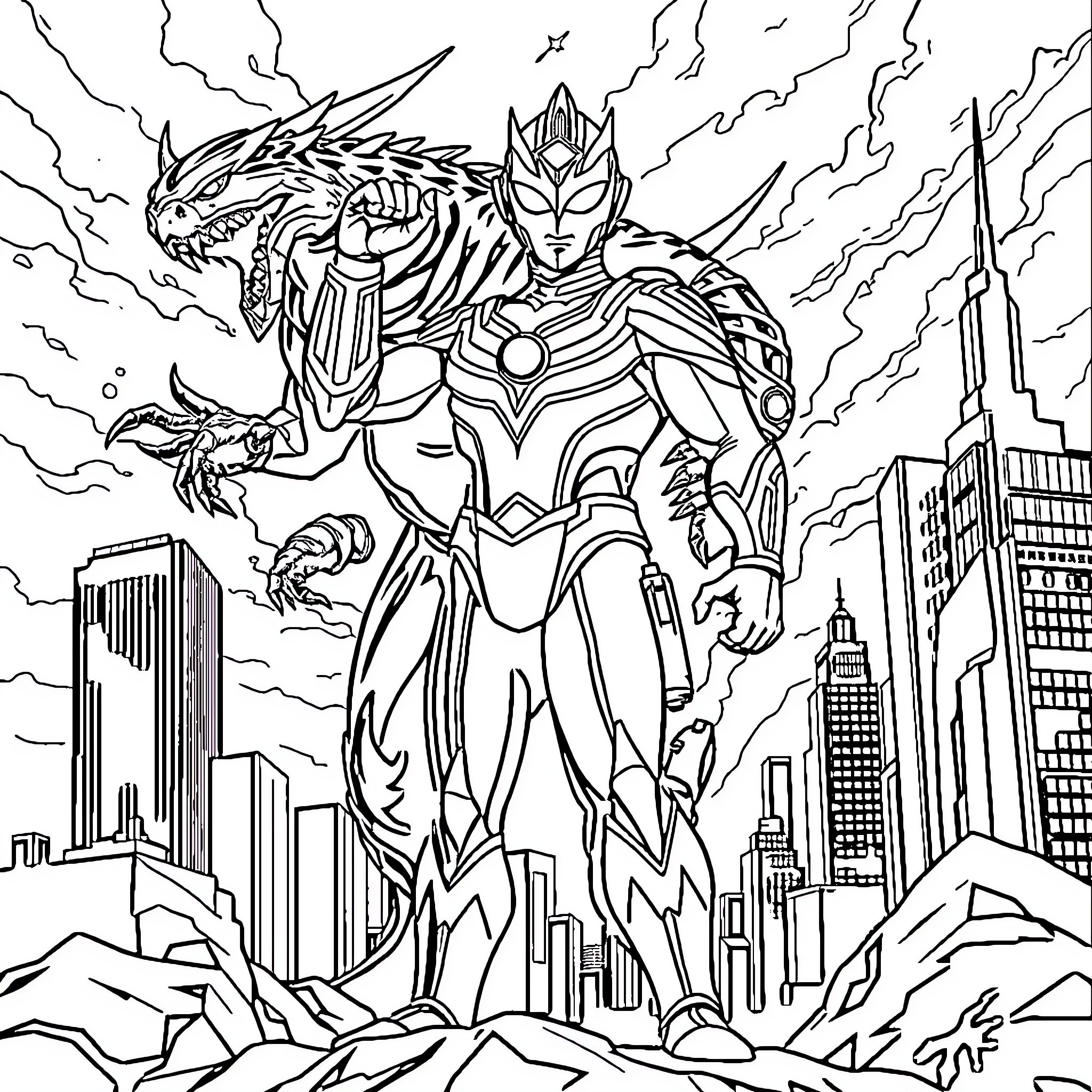Ultraman faces off against a towering monstrous foe in the city Coloring Page (free black-and-white line drawing printable PDF for all, from beginners to advanced learners, including children, teens, adults, and seniors)