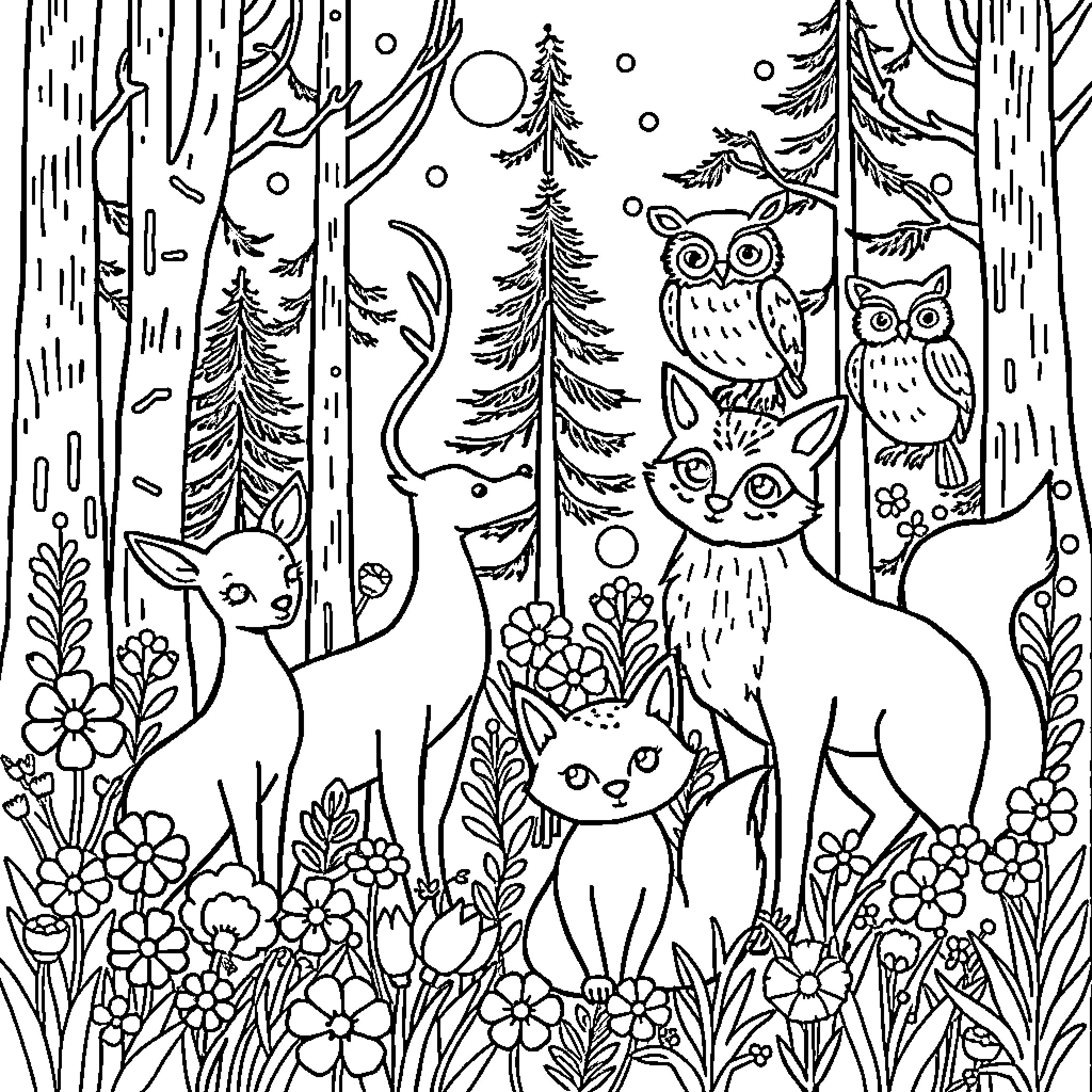 Animal friends in the enchanted forest Coloring Page (free black-and-white line drawing printable PDF for all, from beginners to advanced learners, including children, teens, adults, and seniors)
