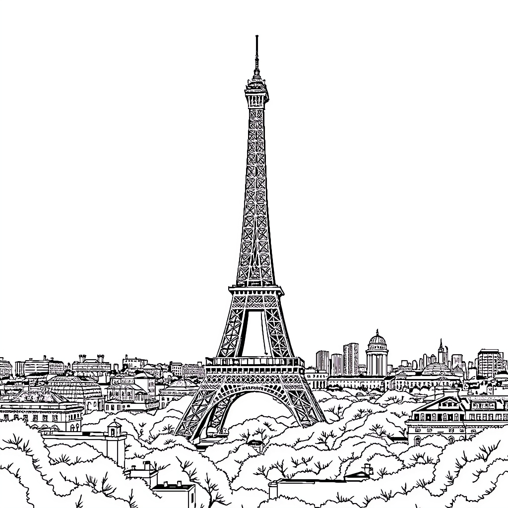 Eiffel Tower overlooking the Parisian cityscape Coloring Page (free black-and-white line drawing printable PDF for all, from beginners to advanced learners, including children, teens, adults, and seniors)