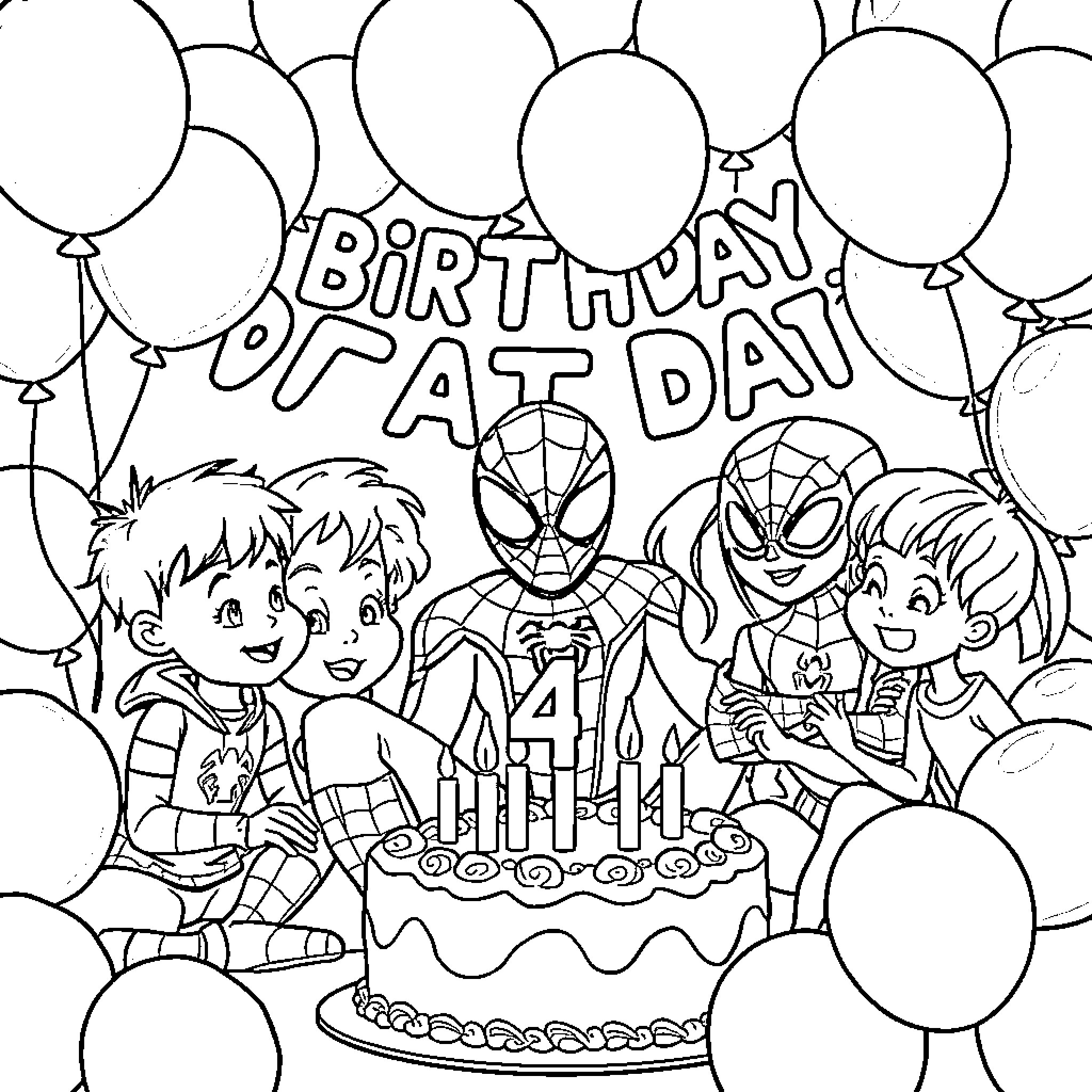 Spider-themed birthday party with friends and cake Coloring Page (free black-and-white line drawing printable PDF for all, from beginners to advanced learners, including children, teens, adults, and seniors)