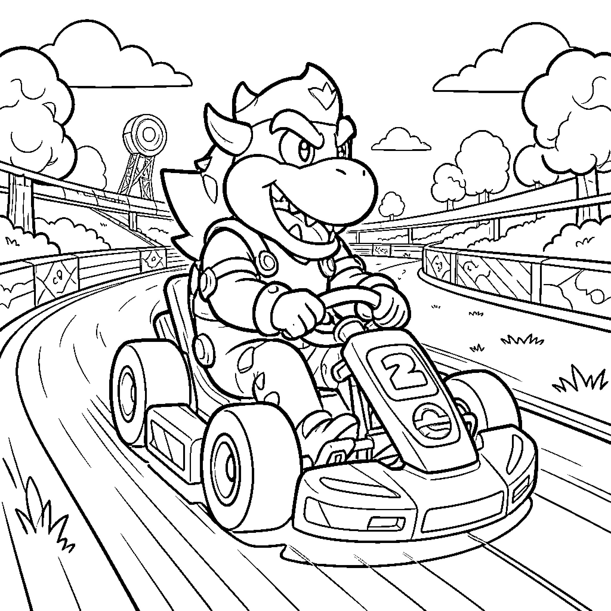 Bowser driving a go-kart on a racing track Coloring Page (free black-and-white line drawing printable PDF for all, from beginners to advanced learners, including children, teens, adults, and seniors)
