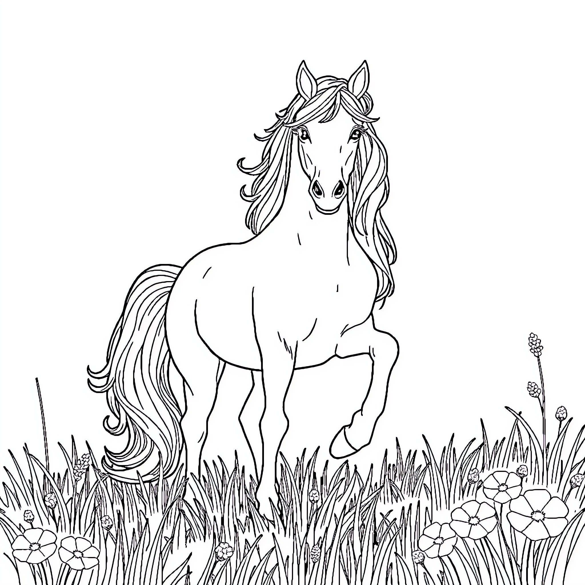 Unicorn grazing peacefully in a meadow Coloring Page (free black-and-white line drawing printable PDF for all, from beginners to advanced learners, including children, teens, adults, and seniors)