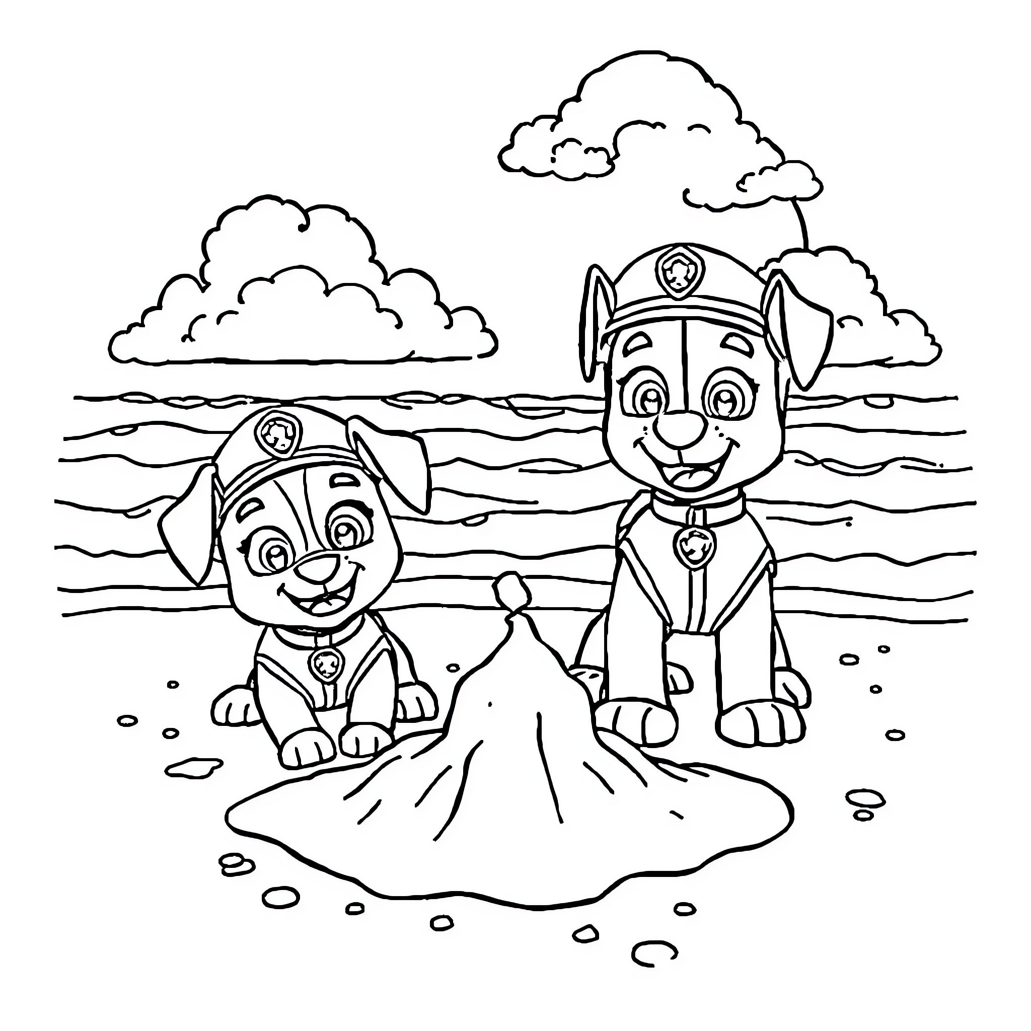 Paw Patrol playing together on the beach Coloring Page (free black-and-white line drawing printable PDF for all, from beginners to advanced learners, including children, teens, adults, and seniors)
