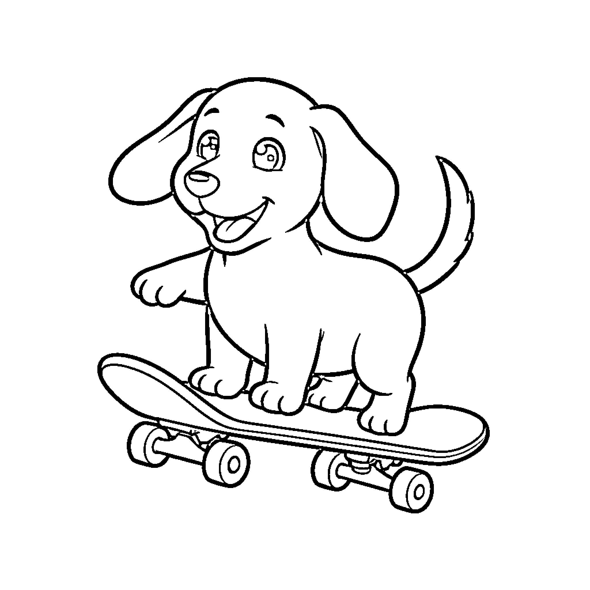 Dachshund riding a skateboard happily Coloring Page (free black-and-white line drawing printable PDF for all, from beginners to advanced learners, including children, teens, adults, and seniors)