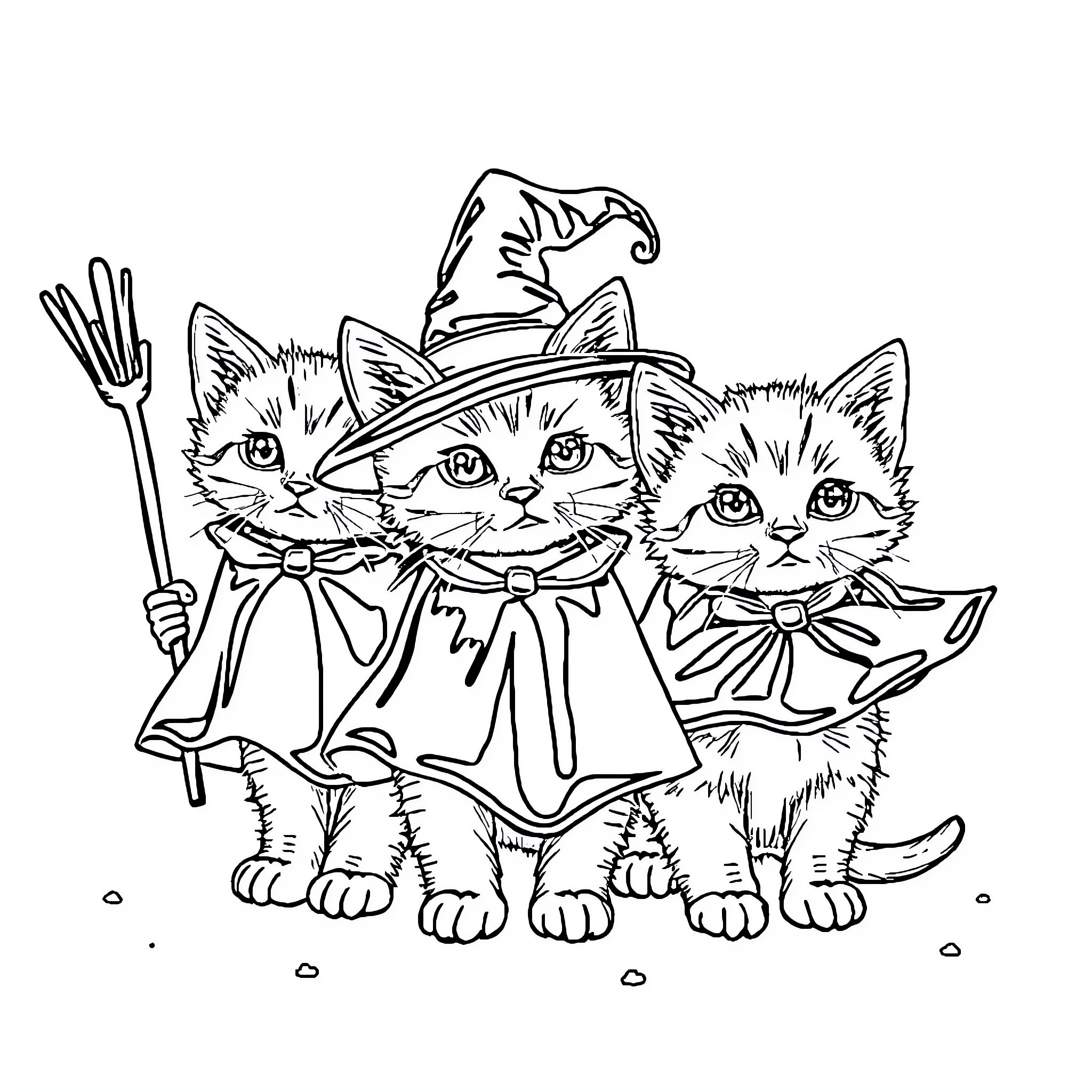 Kittens dressed up in Halloween costumes Coloring Page (free black-and-white line drawing printable PDF for all, from beginners to advanced learners, including children, teens, adults, and seniors)