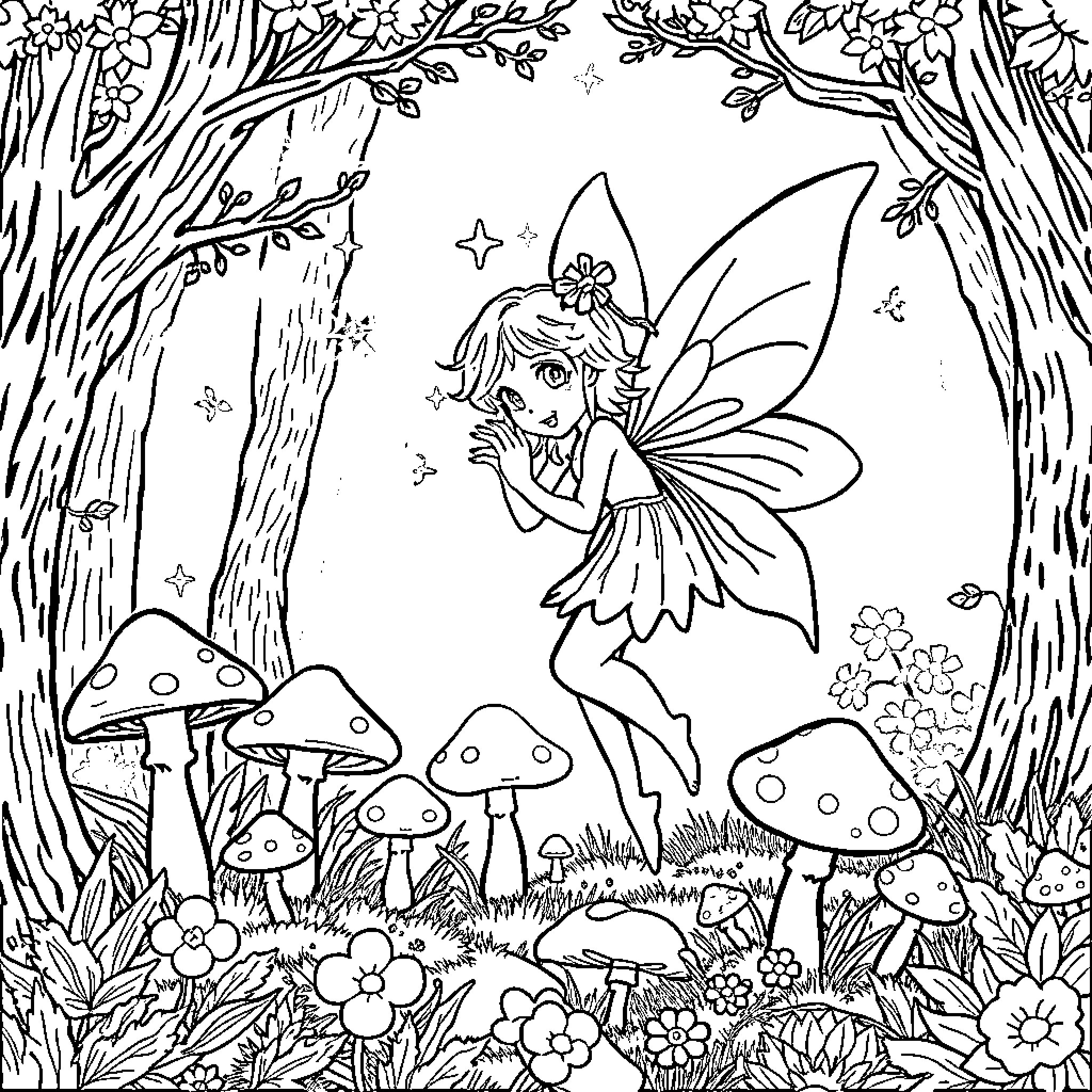 Fairy playing in enchanted forest Coloring Page (free black-and-white line drawing printable PDF for all, from beginners to advanced learners, including children, teens, adults, and seniors)