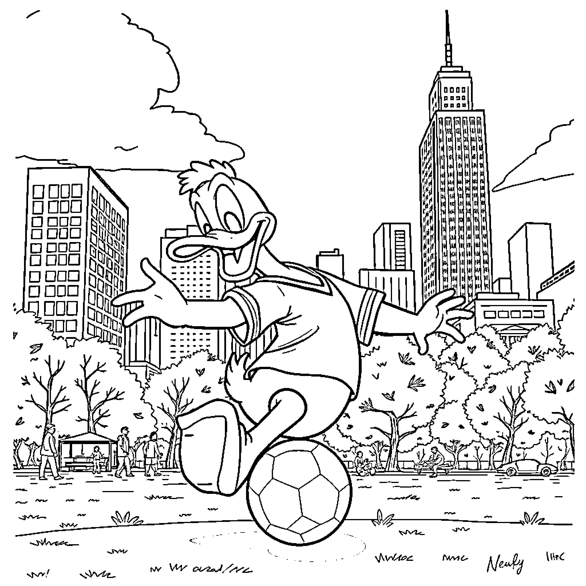 Donald Duck playing soccer in the city Coloring Page (free black-and-white line drawing printable PDF for all, from beginners to advanced learners, including children, teens, adults, and seniors)