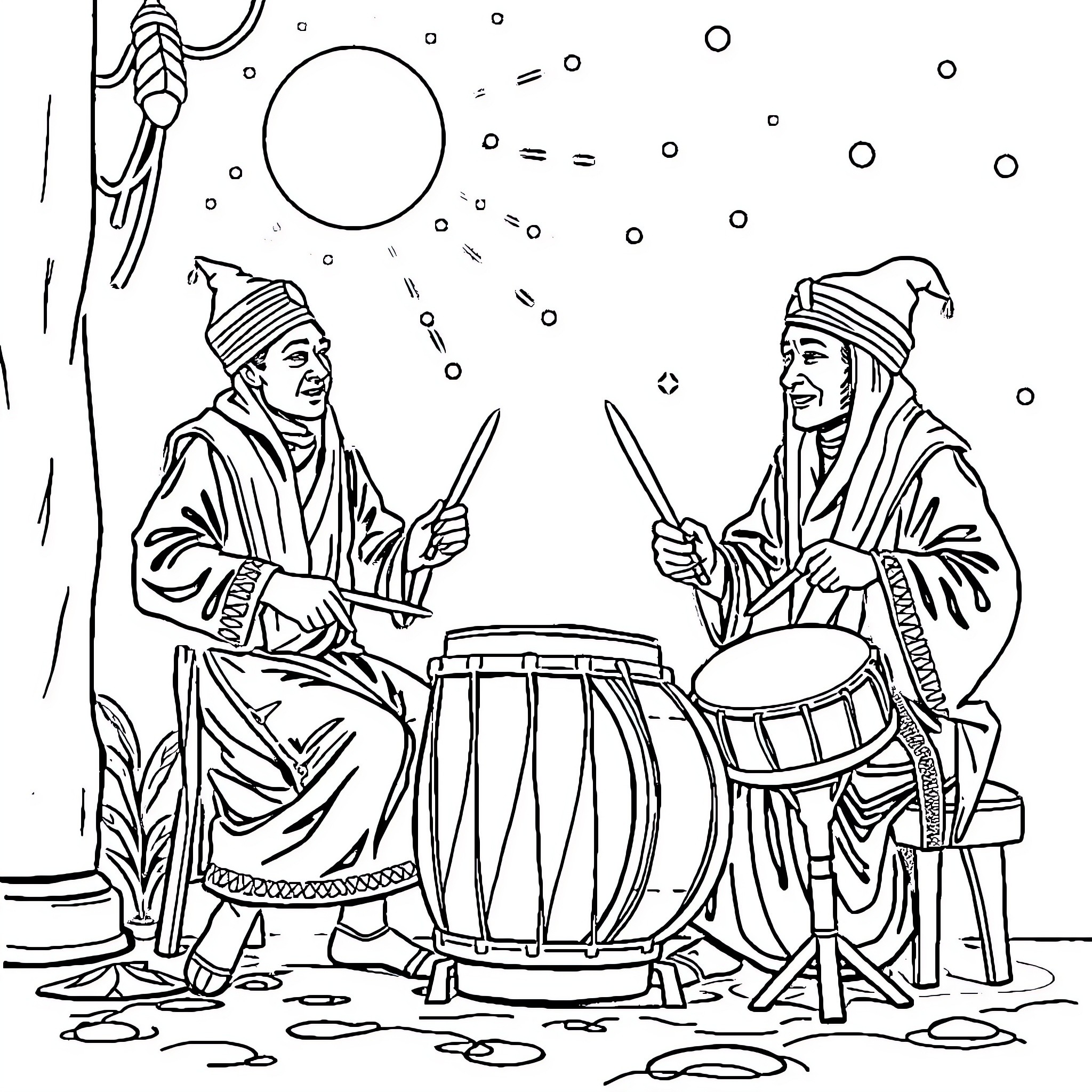 Tun Tun Tun Drummers performing in the moonlight Coloring Page (free black-and-white line drawing printable PDF for all, from beginners to advanced learners, including children, teens, adults, and seniors)
