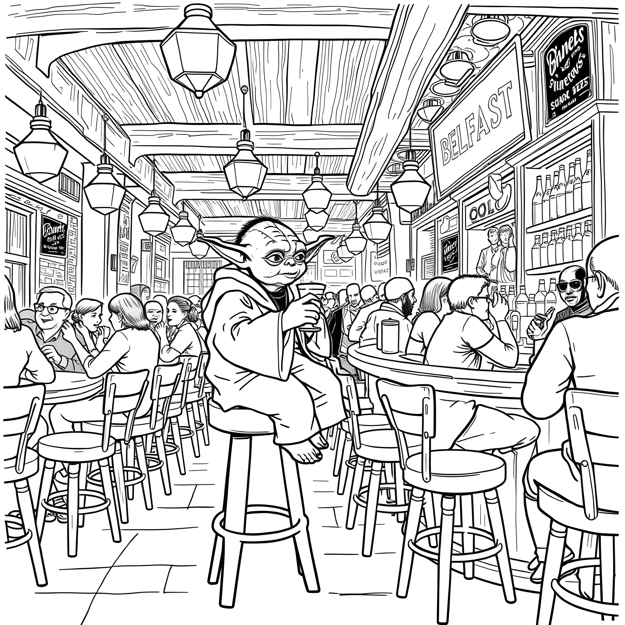 Yoda enjoying a drink in a lively cafe Coloring Page (free black-and-white line drawing printable PDF for all, from beginners to advanced learners, including children, teens, adults, and seniors)
