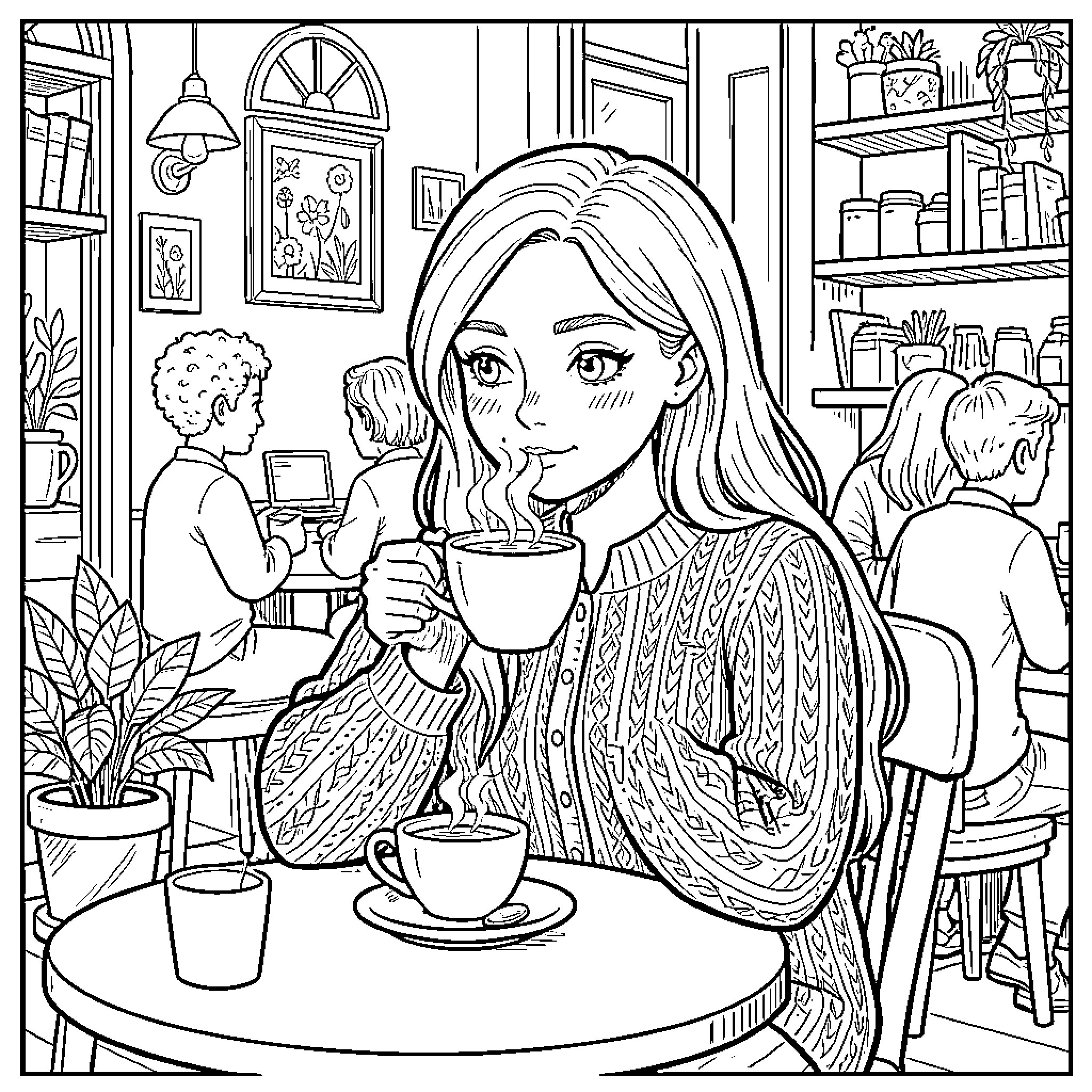 Shaisha enjoying a cozy cafe scene Coloring Page (free black-and-white line drawing printable PDF for all, from beginners to advanced learners, including children, teens, adults, and seniors)