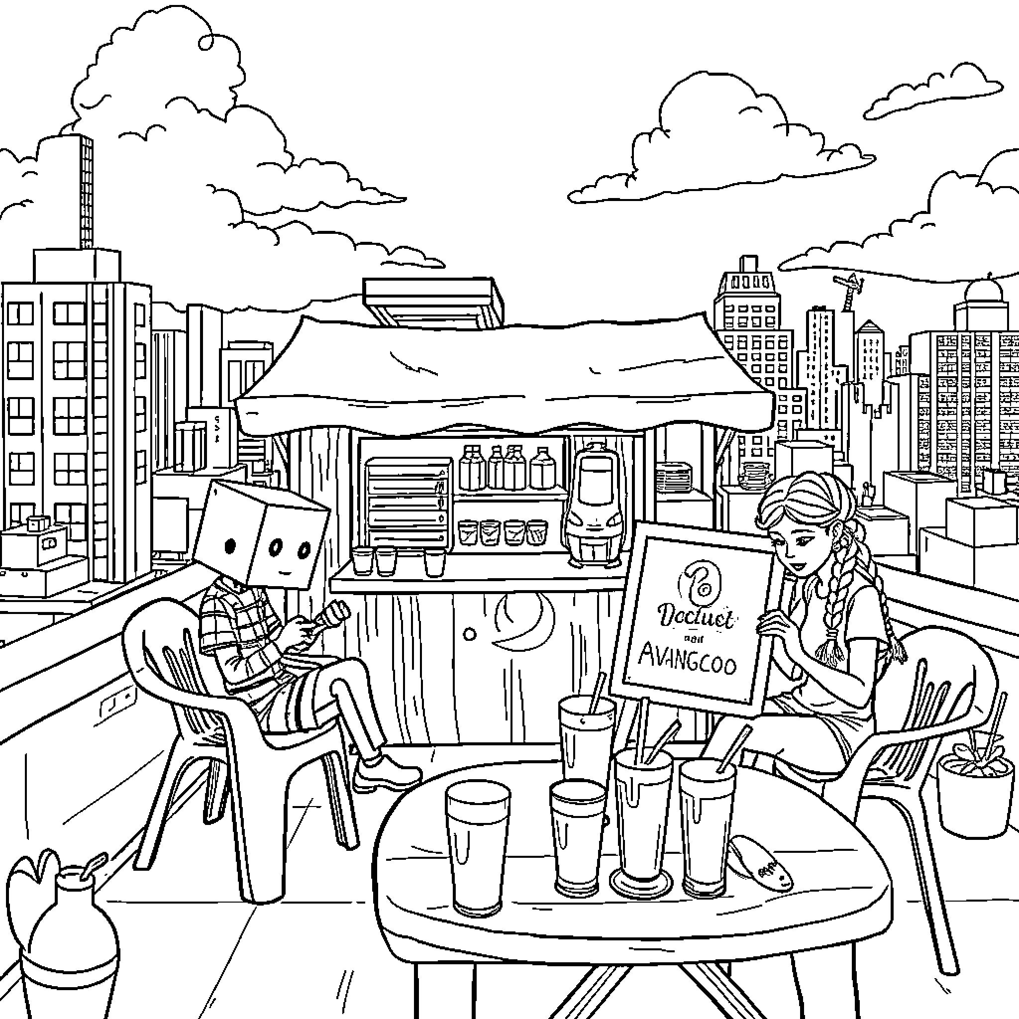 Pepe's Picnic in the City Park Coloring Page (free black-and-white line drawing printable PDF for all, from beginners to advanced learners, including children, teens, adults, and seniors)