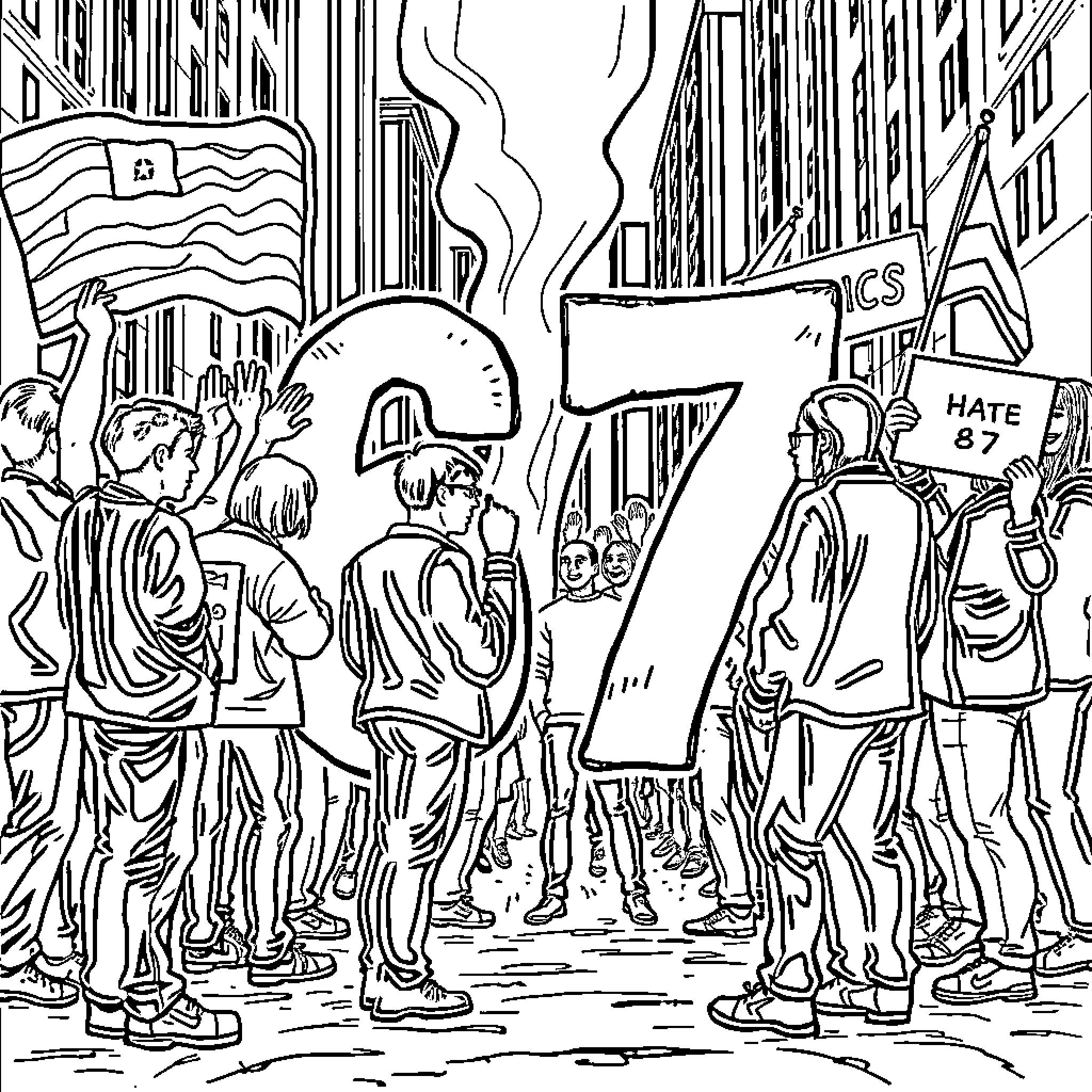 Hate and Conflict at a Rally or Protest Coloring Page (free black-and-white line drawing printable PDF for all, from beginners to advanced learners, including children, teens, adults, and seniors)