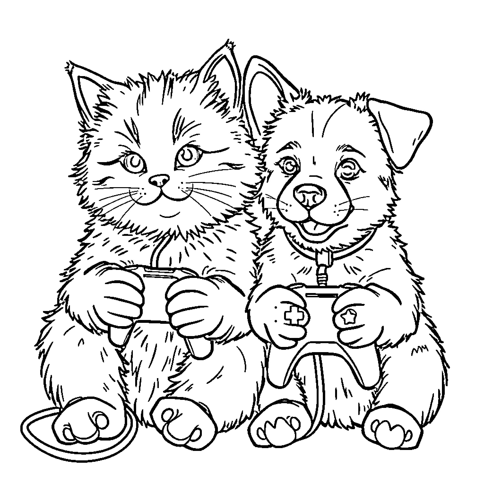 Kitten and puppy playing together Coloring Page (free black-and-white line drawing printable PDF for all, from beginners to advanced learners, including children, teens, adults, and seniors)