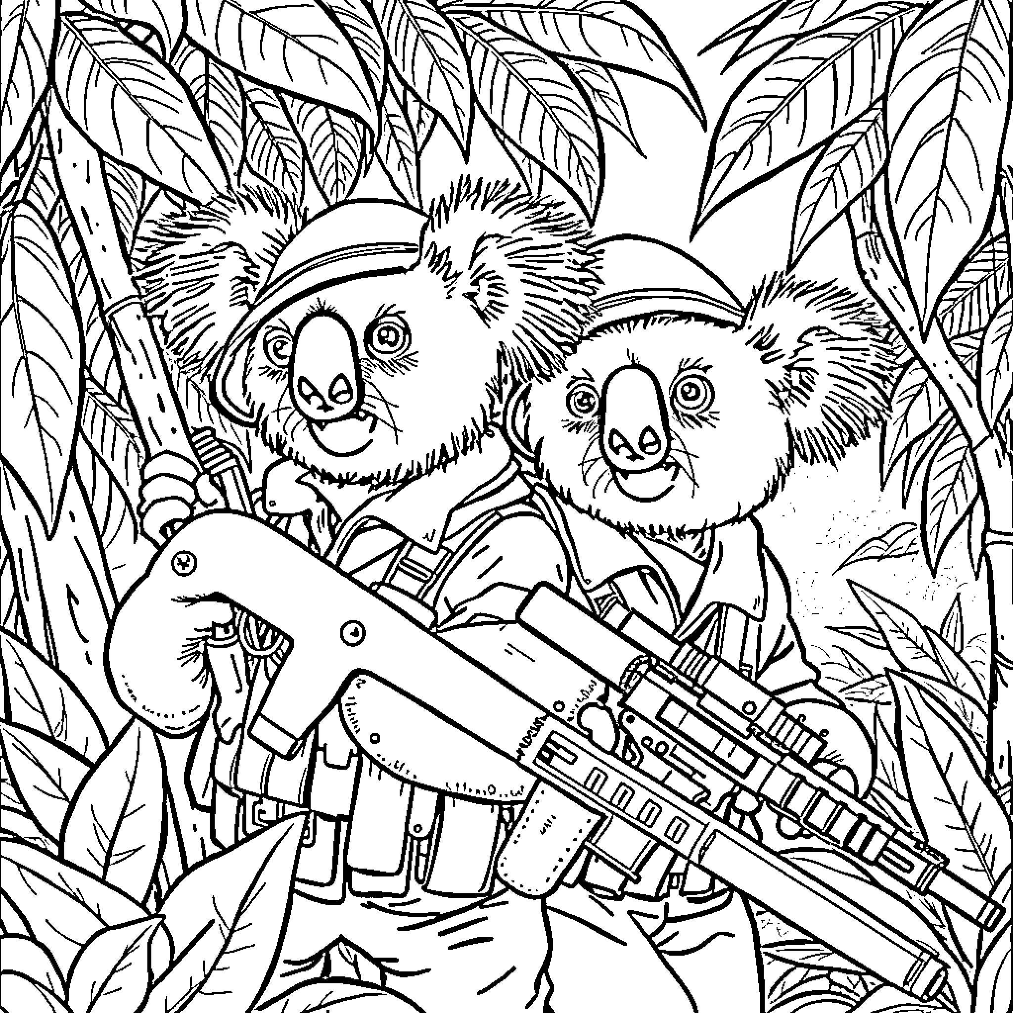 Koalas on an adventure in the jungle Coloring Page (free black-and-white line drawing printable PDF for all, from beginners to advanced learners, including children, teens, adults, and seniors)