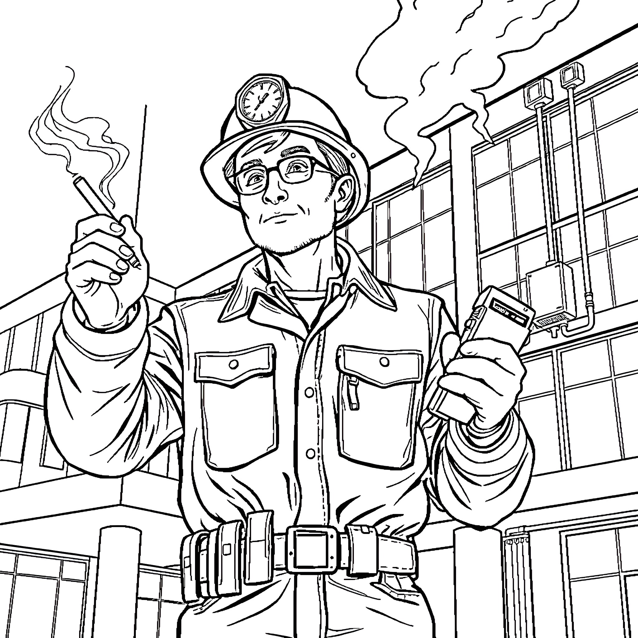 Technician Inspecting Equipment in Industrial Setting Coloring Page (free black-and-white line drawing printable PDF for all, from beginners to advanced learners, including children, teens, adults, and seniors)