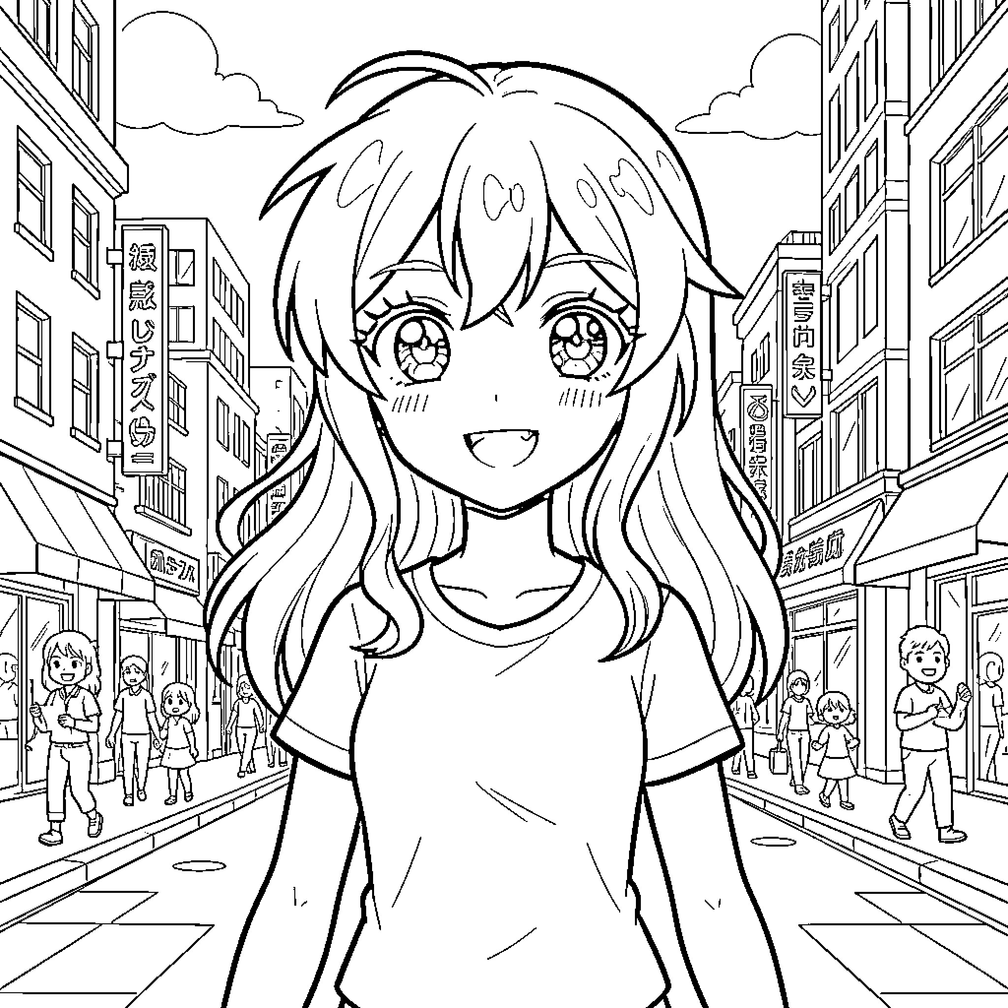 Anime Girl Smiling Joyfully in City Street Scene Coloring Page (free black-and-white line drawing printable PDF for all, from beginners to advanced learners, including children, teens, adults, and seniors)