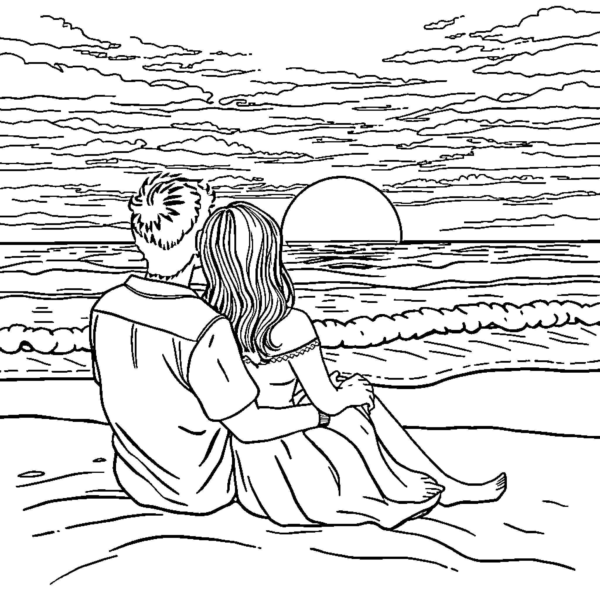 Lovers embracing by the ocean at sunset Coloring Page (free black-and-white line drawing printable PDF for all, from beginners to advanced learners, including children, teens, adults, and seniors)