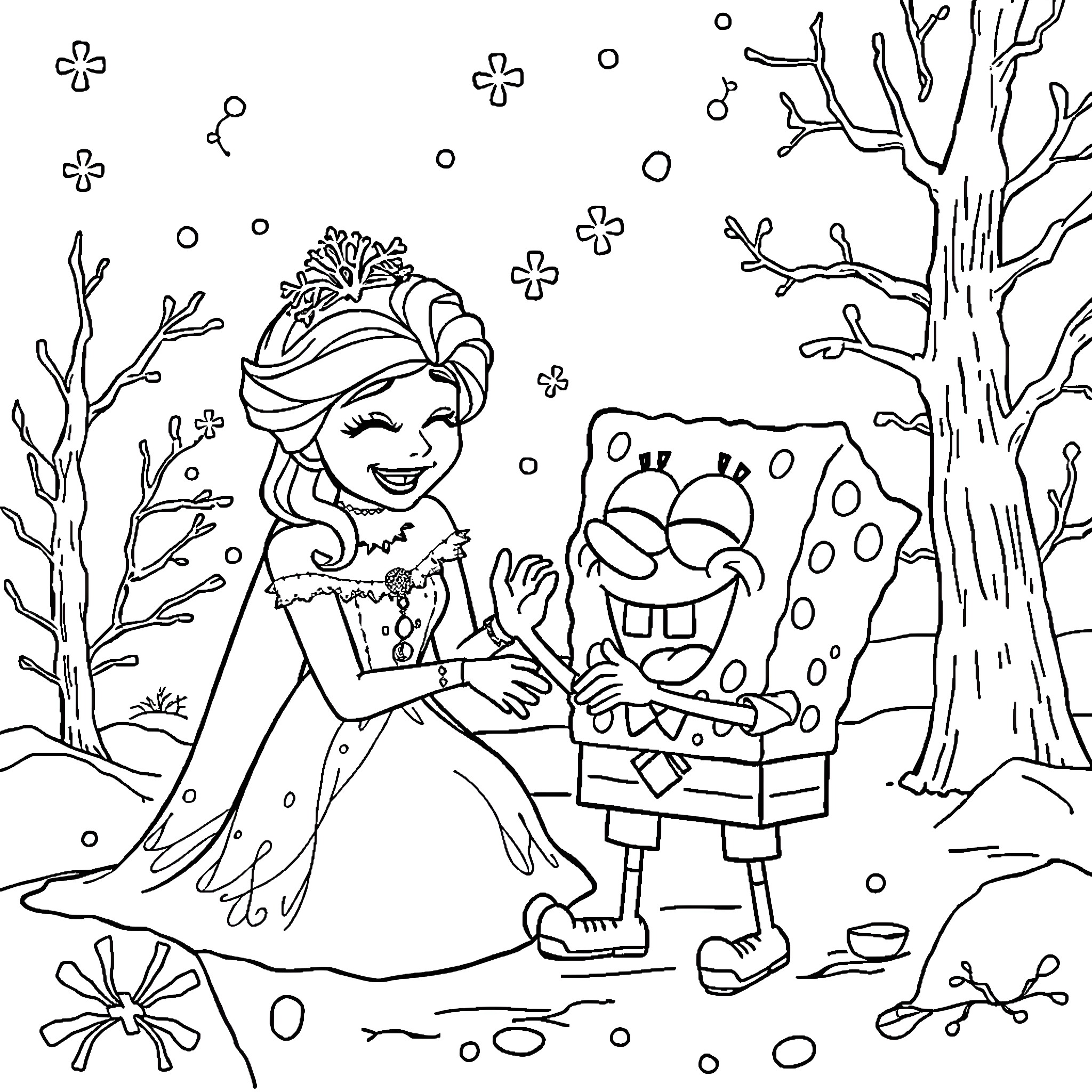 Princess Dancing with Cartoon Friend in Winter Wonderland Coloring Page (free black-and-white line drawing printable PDF for all, from beginners to advanced learners, including children, teens, adults, and seniors)