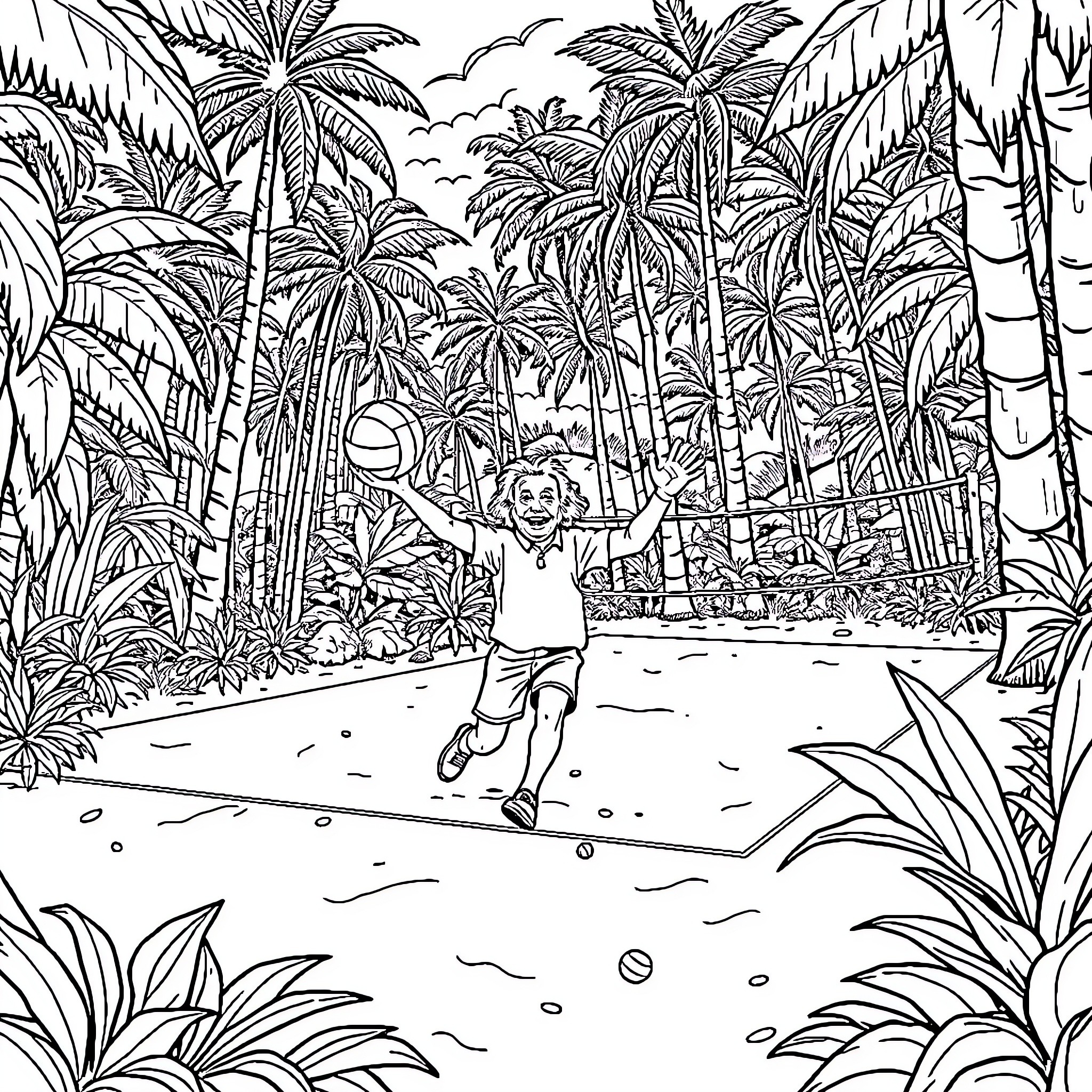 Einstein's Tropical Adventure Coloring Page (free black-and-white line drawing printable PDF for all, from beginners to advanced learners, including children, teens, adults, and seniors)