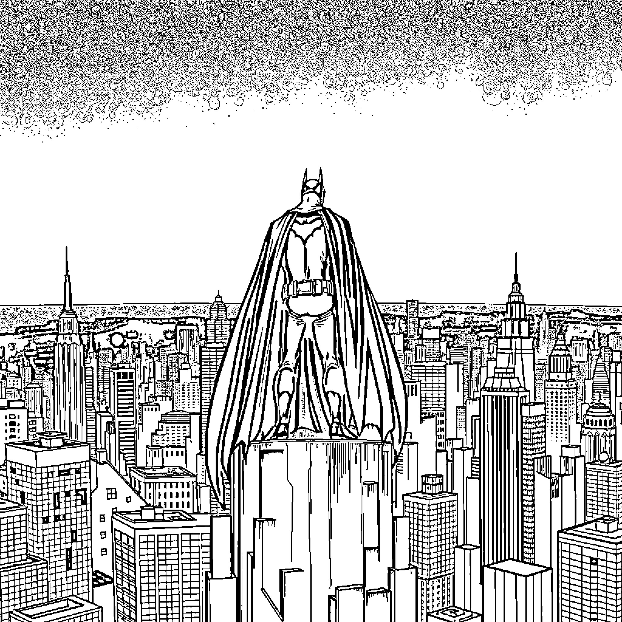 Batman overlooking the city of Gotham Coloring Page (free black-and-white line drawing printable PDF for all, from beginners to advanced learners, including children, teens, adults, and seniors)