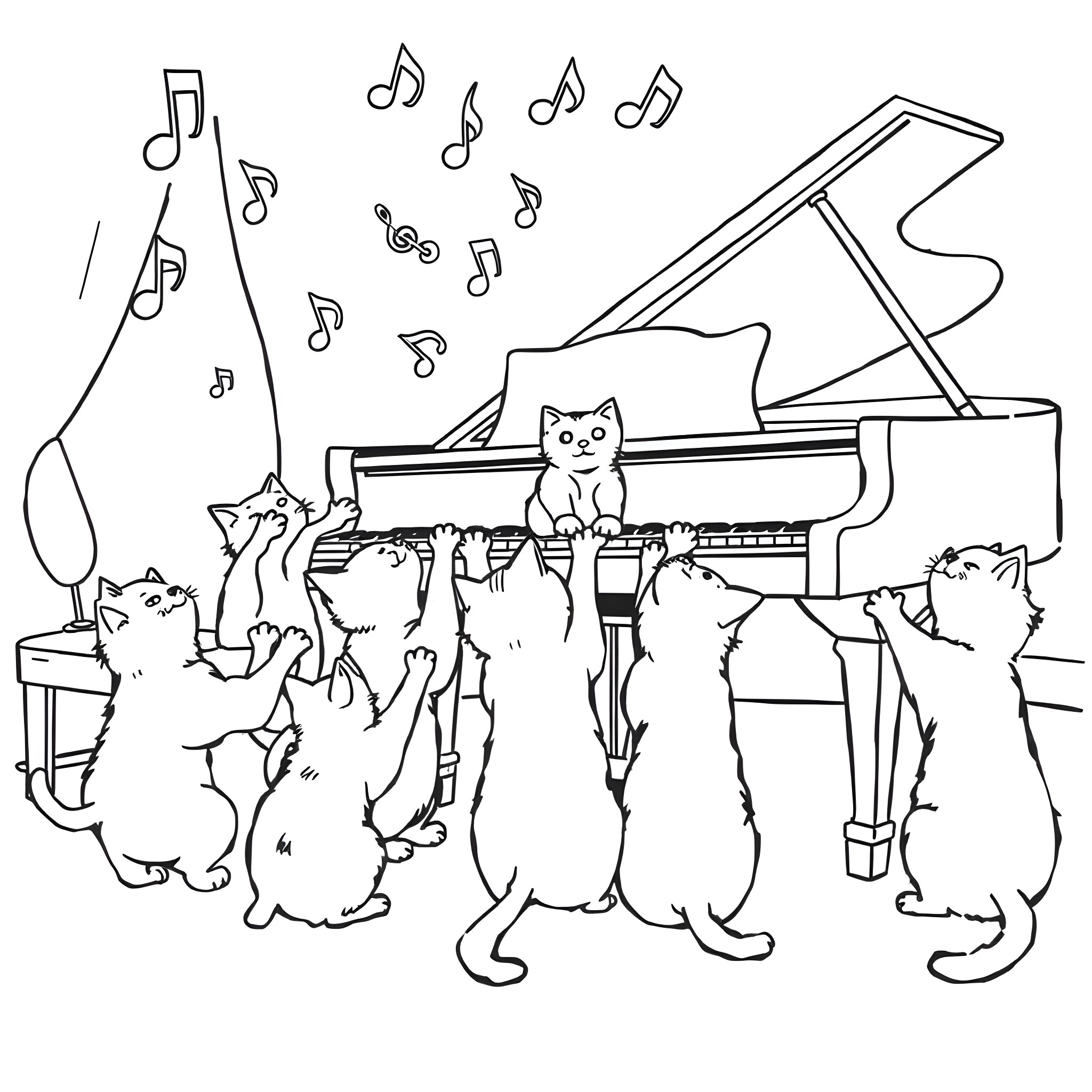 Cats playing music around a grand piano Coloring Page (free black-and-white line drawing printable PDF for all, from beginners to advanced learners, including children, teens, adults, and seniors)