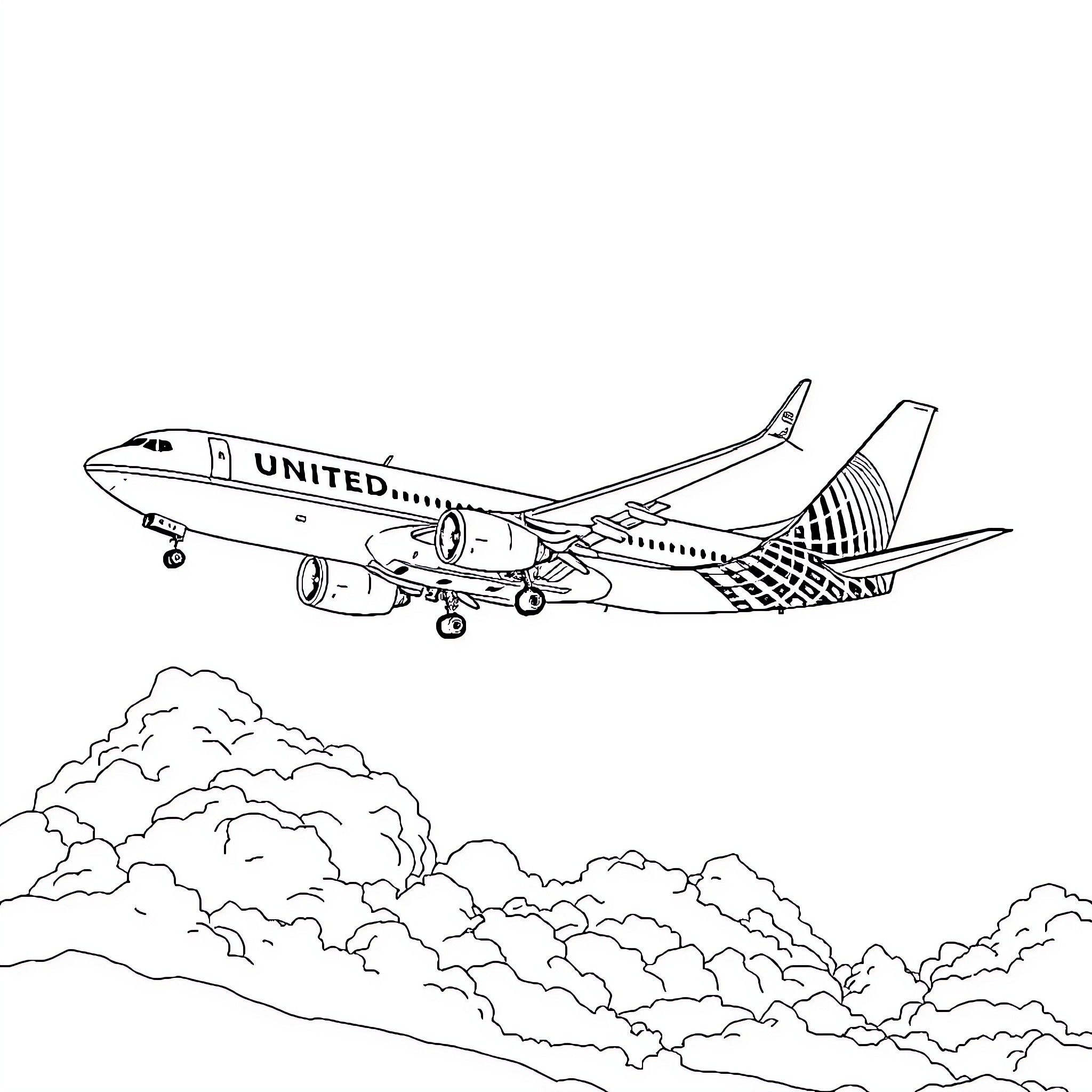 United 737 Max aircraft in flight over cloudy skies Coloring Page (free black-and-white line drawing printable PDF for all, from beginners to advanced learners, including children, teens, adults, and seniors)
