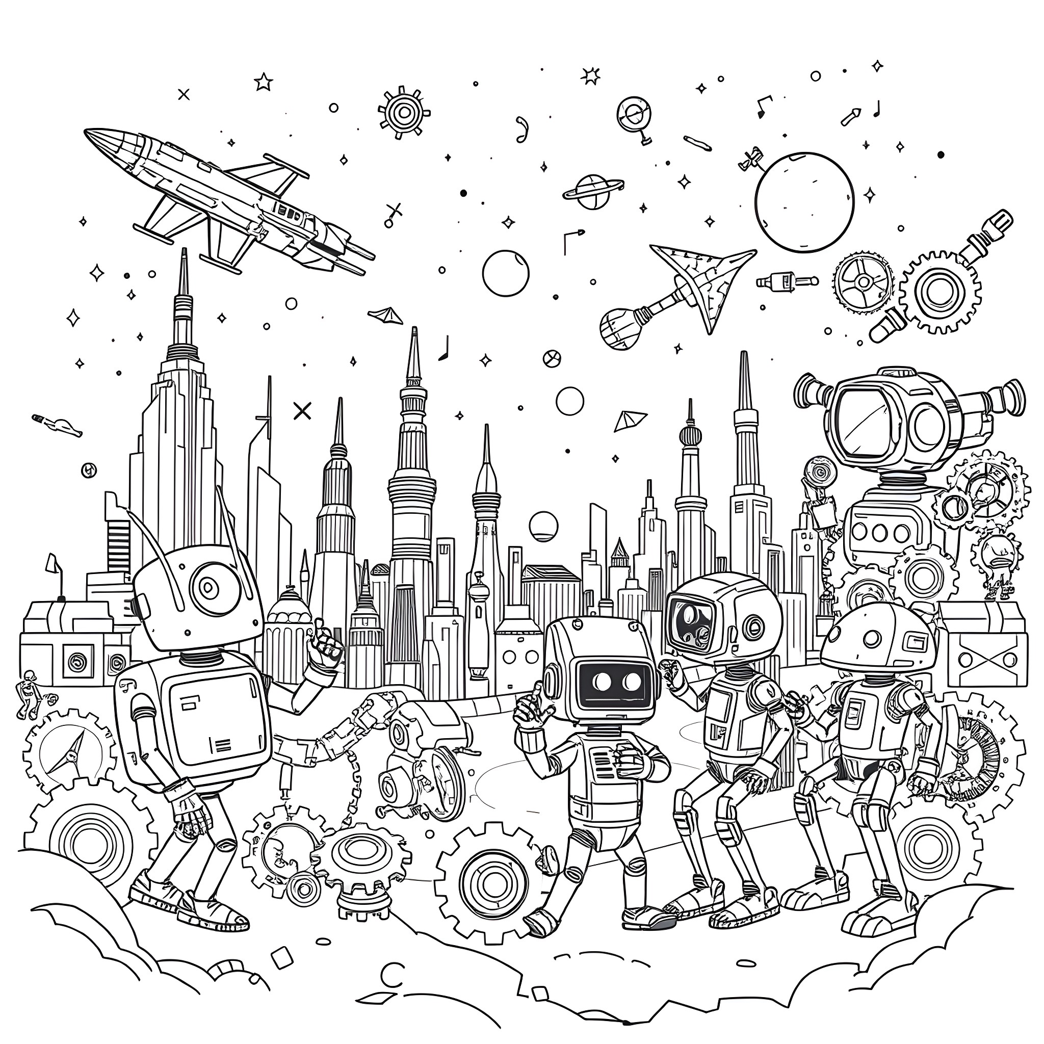 Robot city exploration with futuristic spacecraft Coloring Page (free black-and-white line drawing printable PDF for all, from beginners to advanced learners, including children, teens, adults, and seniors)