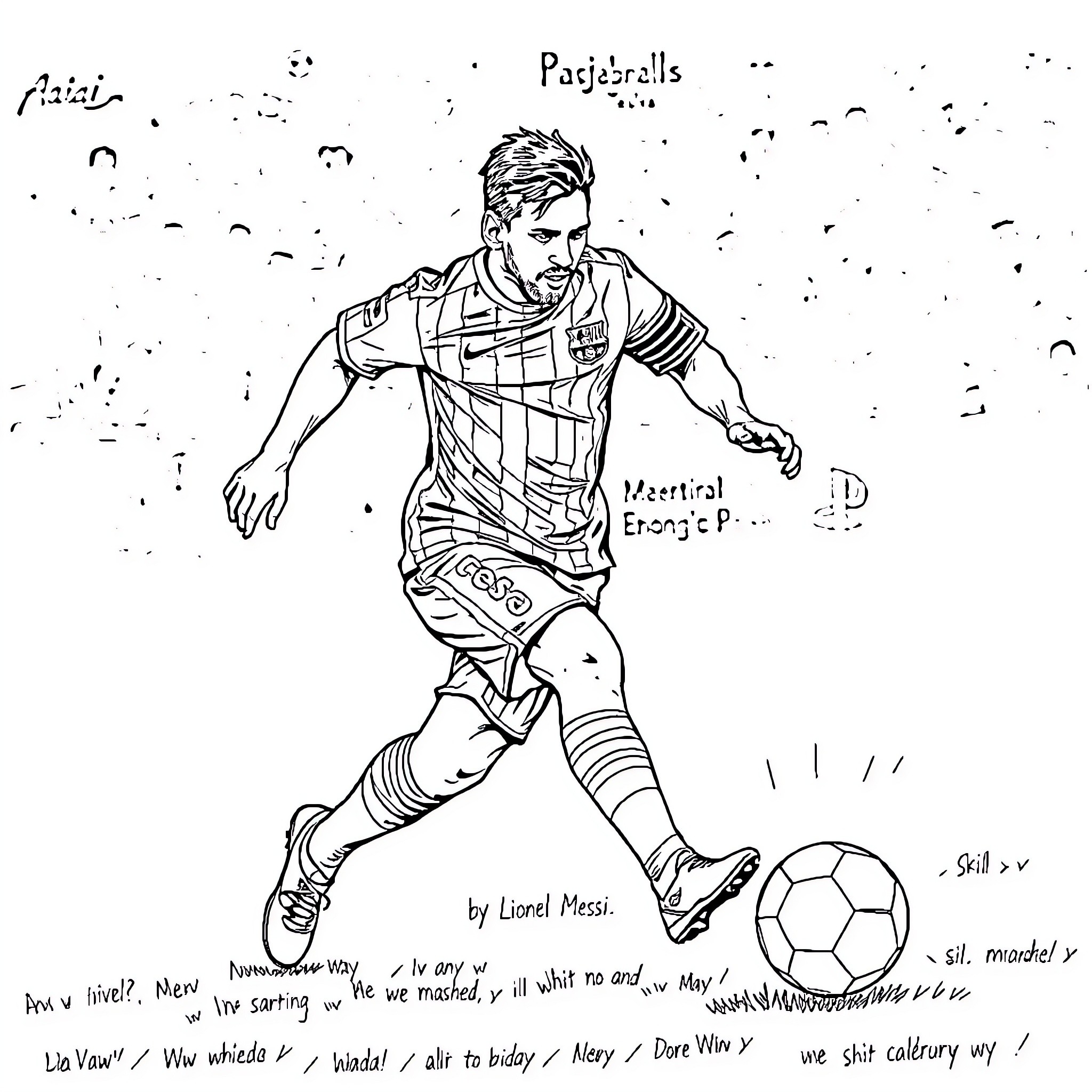 Lionel Messi running on the field with soccer ball Coloring Page (free black-and-white line drawing printable PDF for all, from beginners to advanced learners, including children, teens, adults, and seniors)
