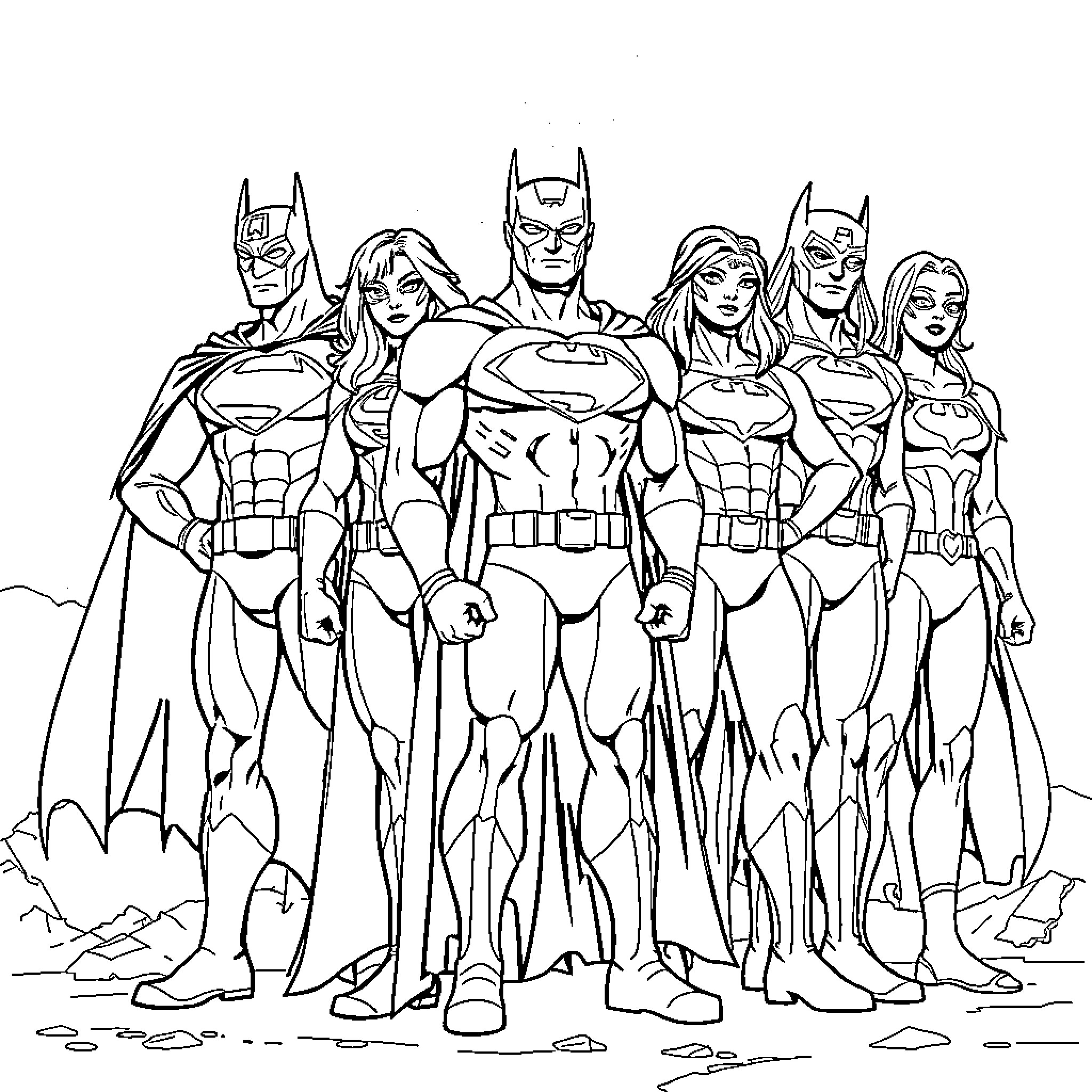 DC Superheroes in Action Pose Coloring Page (free black-and-white line drawing printable PDF for all, from beginners to advanced learners, including children, teens, adults, and seniors)