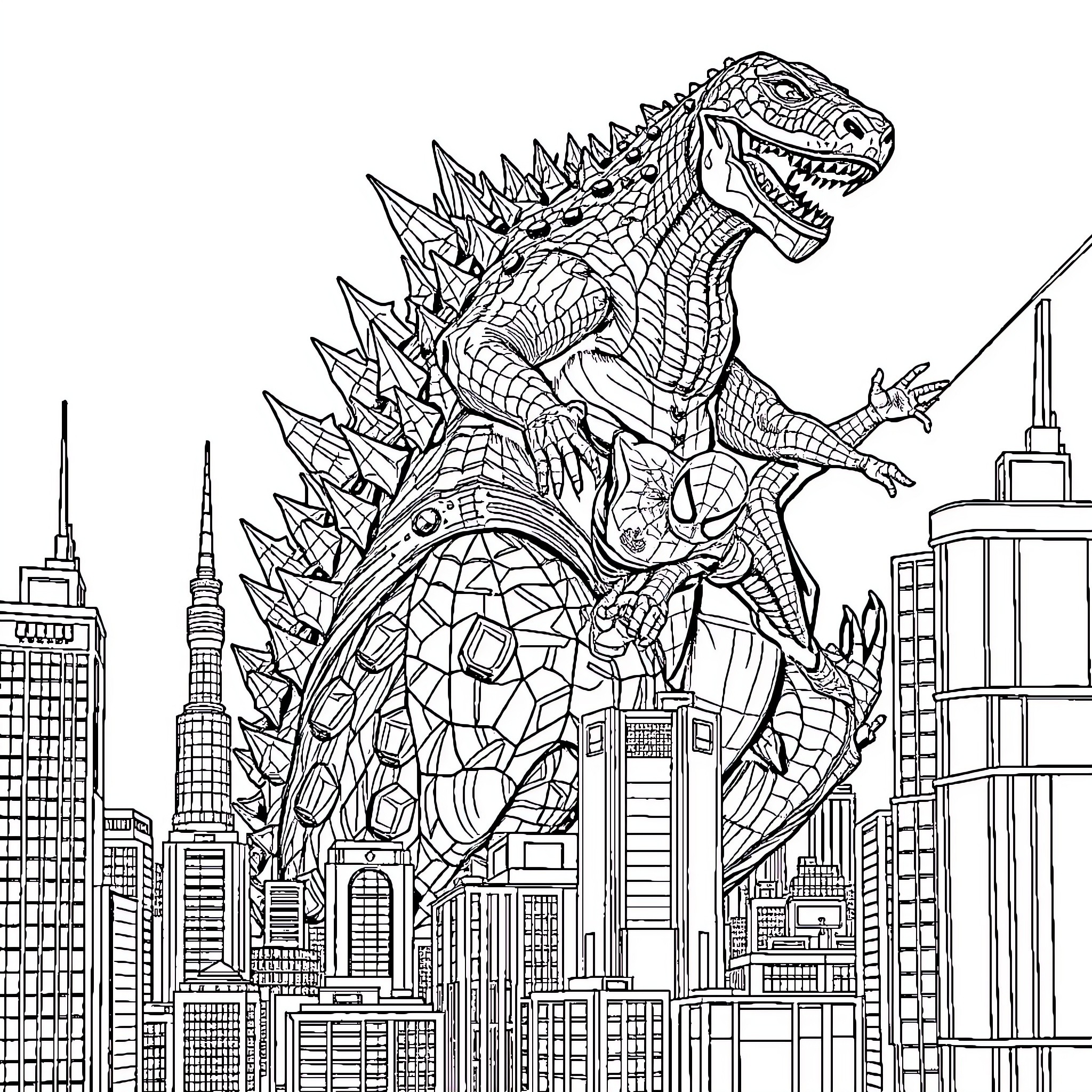 Godzilla rampaging through the city skyline Coloring Page (free black-and-white line drawing printable PDF for all, from beginners to advanced learners, including children, teens, adults, and seniors)
