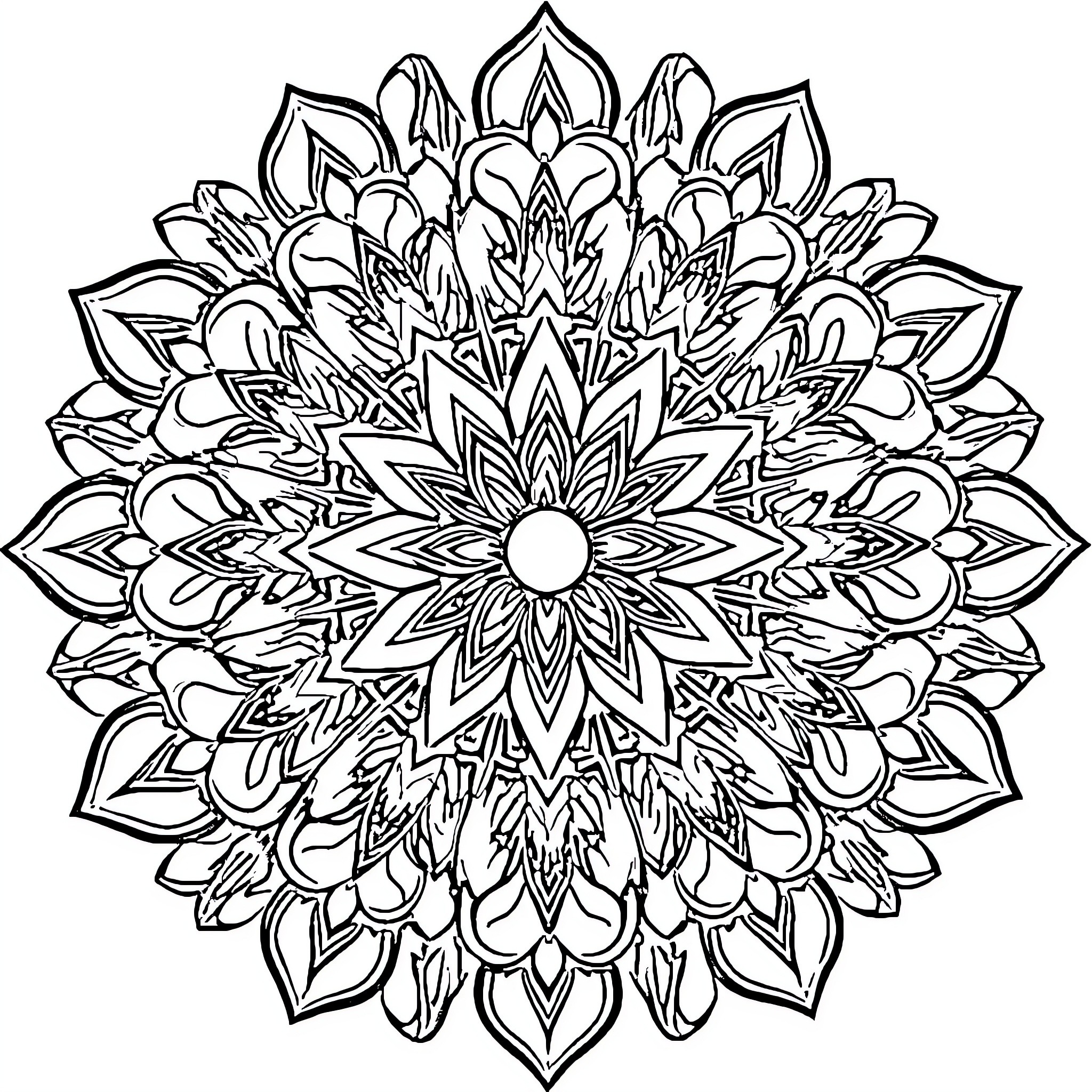 Flower Mandala Artwork Coloring Page (free black-and-white line drawing printable PDF for all, from beginners to advanced learners, including children, teens, adults, and seniors)