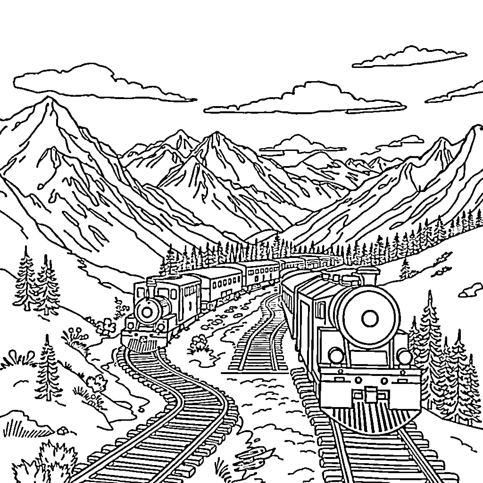 Train Traveling through Majestic Mountain Landscape Coloring Page (free black-and-white line drawing printable PDF for all, from beginners to advanced learners, including children, teens, adults, and seniors)