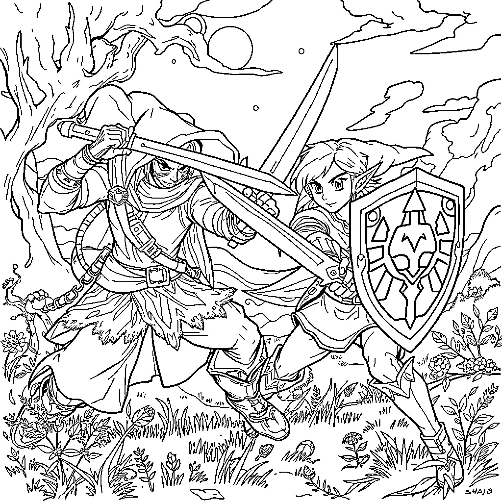 Hunter's Heroic Stance in the Fantastical Landscape Coloring Page (free black-and-white line drawing printable PDF for all, from beginners to advanced learners, including children, teens, adults, and seniors)