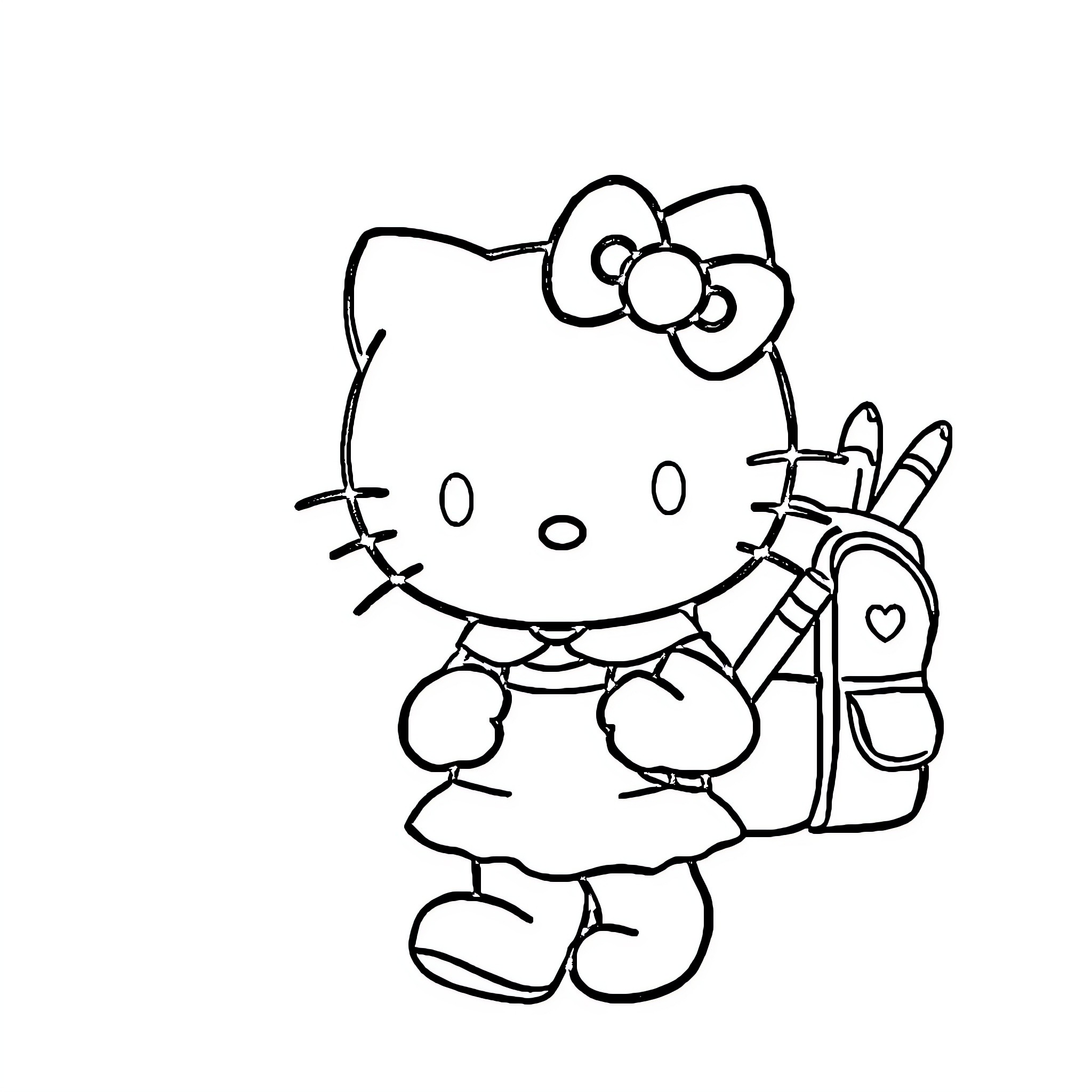 Hello Kitty going to school with backpack Coloring Page (free black-and-white line drawing printable PDF for all, from beginners to advanced learners, including children, teens, adults, and seniors)