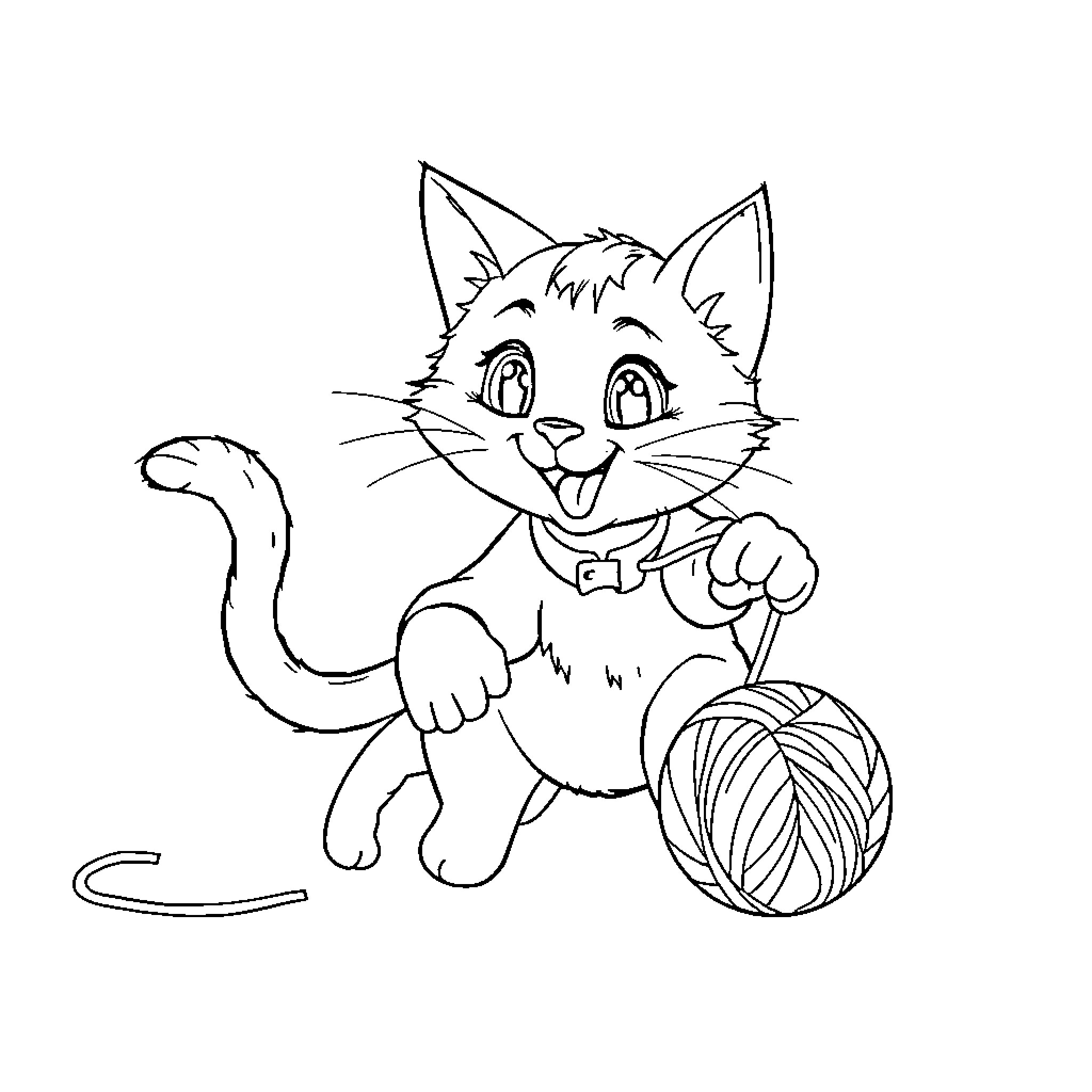 Cat playing with yarn Coloring Page (free black-and-white line drawing printable PDF for all, from beginners to advanced learners, including children, teens, adults, and seniors)